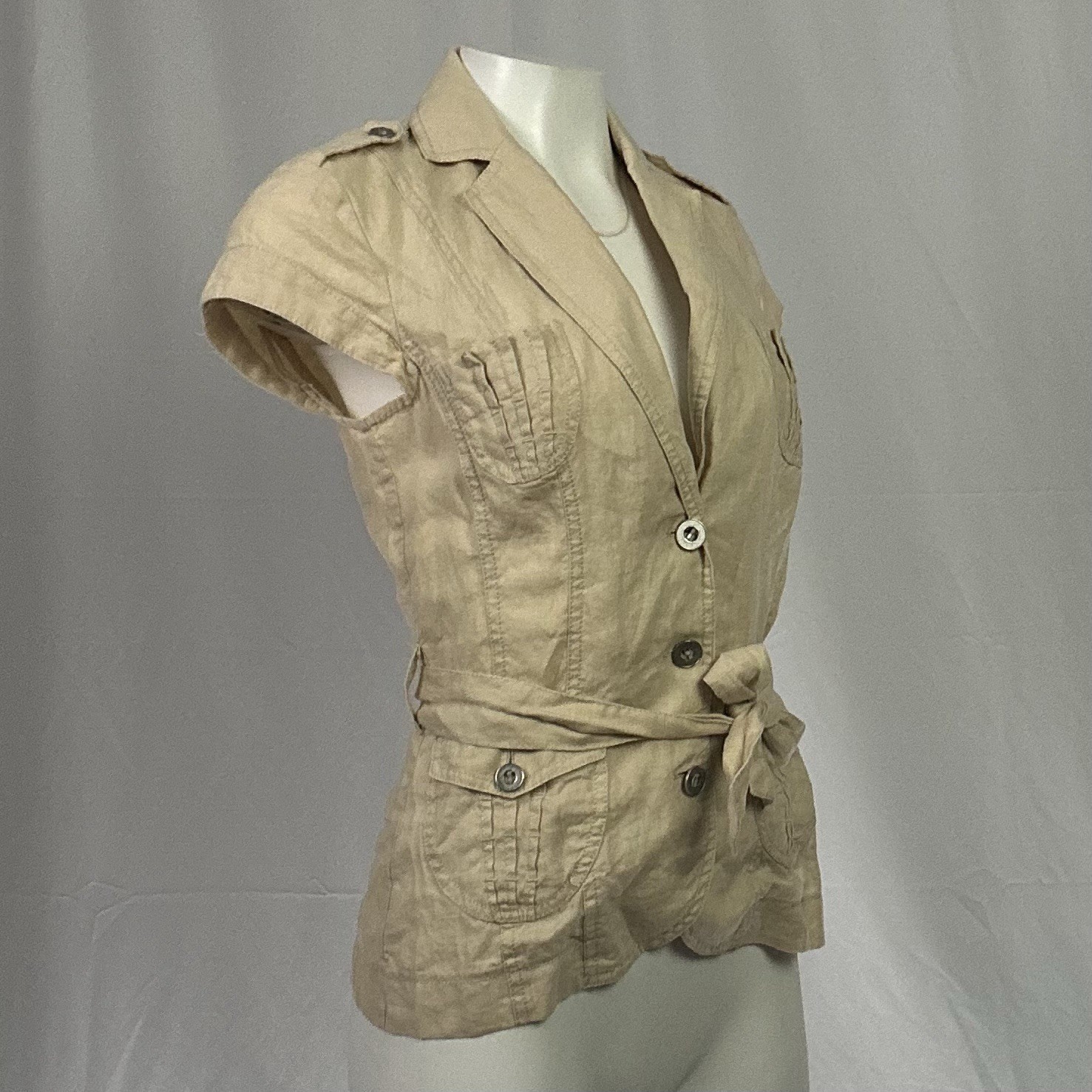 Apanage Vintage Y2K Jacket Top Safari 100% Linen Belted Khaki Short Sleeve US 4
