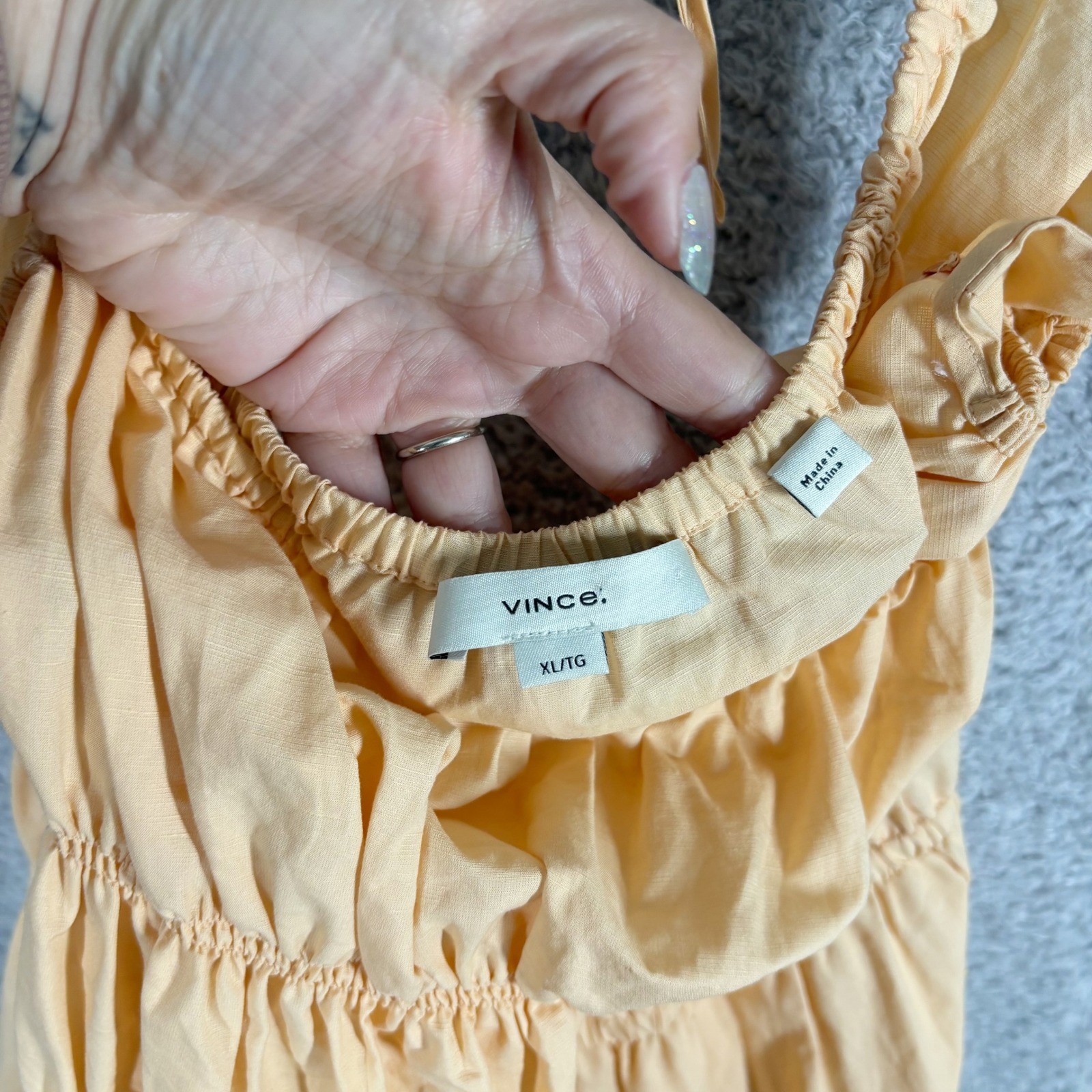 Vince Tie Back Camisole Midi Dress Peach Cotton Hemp Tiered XL Smocked Open Back