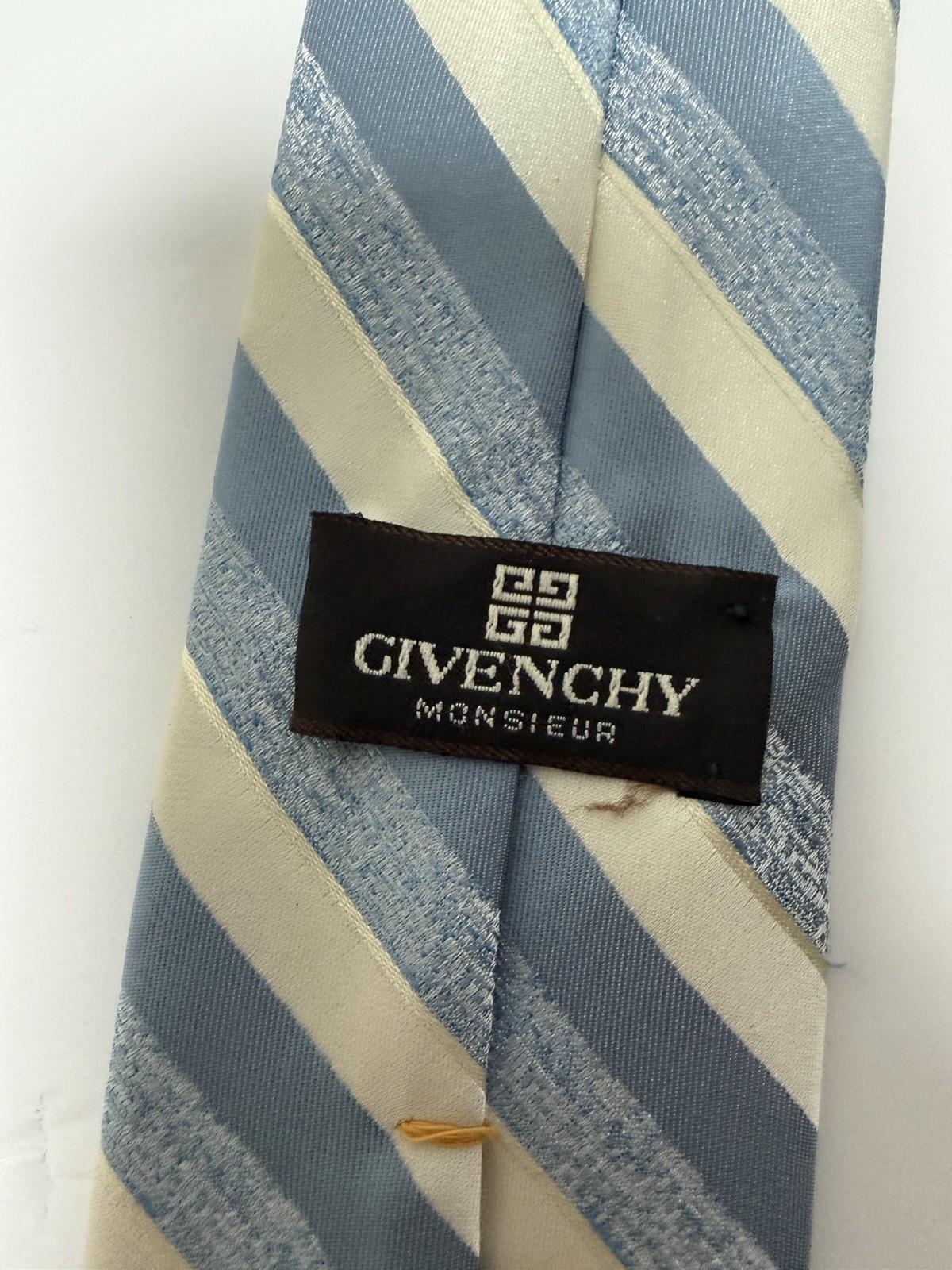 Vintage Givenchy Gentleman Paris Diagonal Blue Silver Tan Striped Silk Necktie