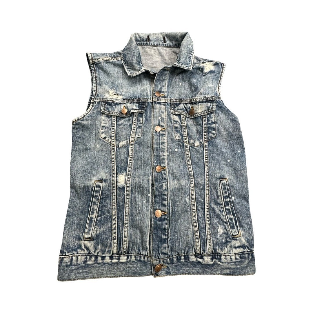 Unbranded Denim Vest Mens M Blue Paint Splatter Distressed Trucker Jean Vest