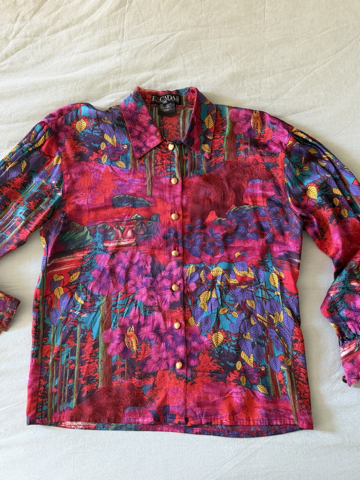 Vintage Escada Silk Blouse Button Up Neon Animal Forest Print Maximalism 36 S/M