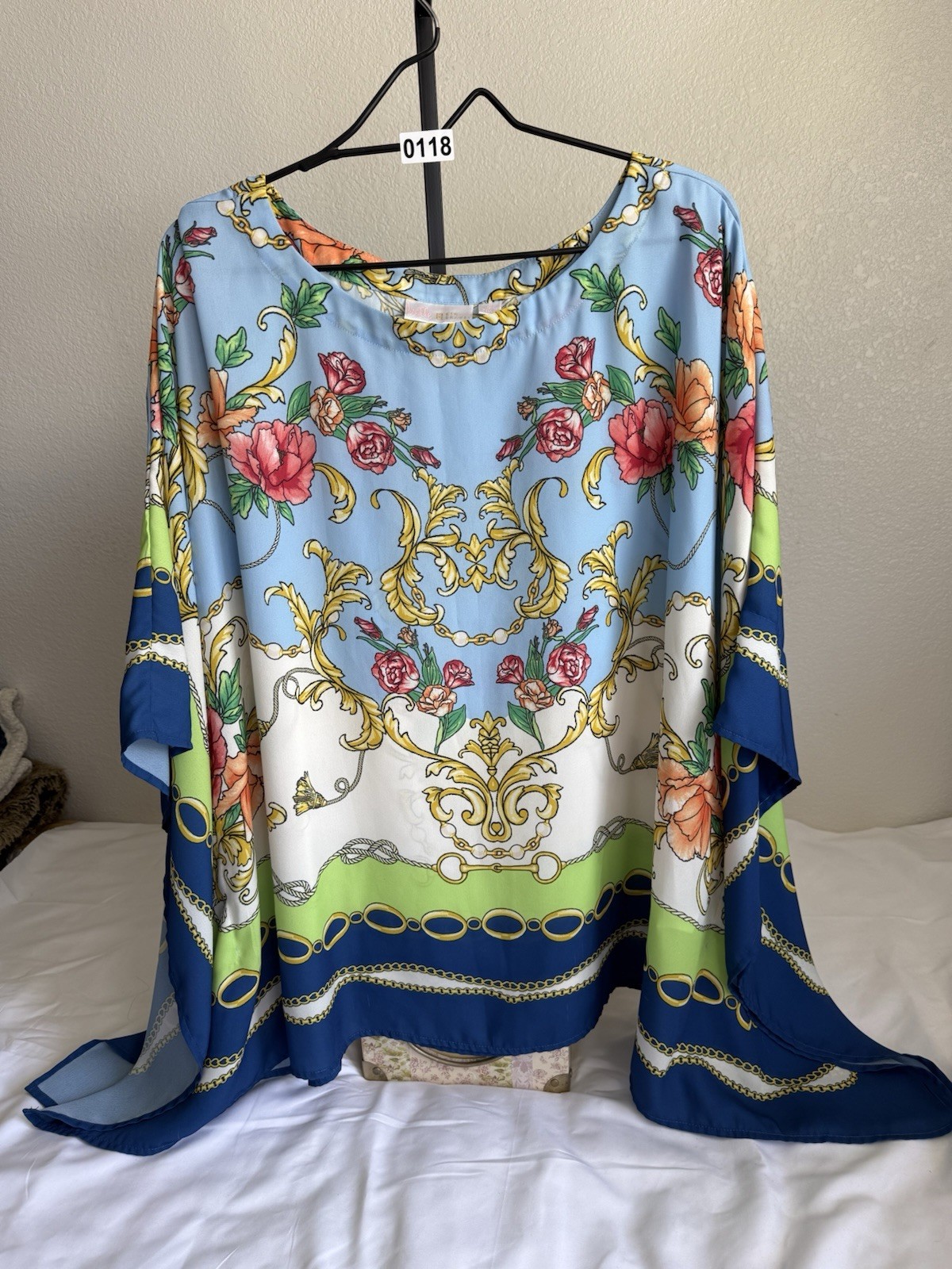 Belle by Kim Gravel Women’s 1X Floral Chain Blue Scoop Neck 3/4 Kimono Blouse