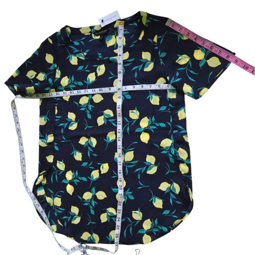 BANANA REPUBLIC Lemon Print Short Sleeve Blouse Navy Yellow Flowy X Small New