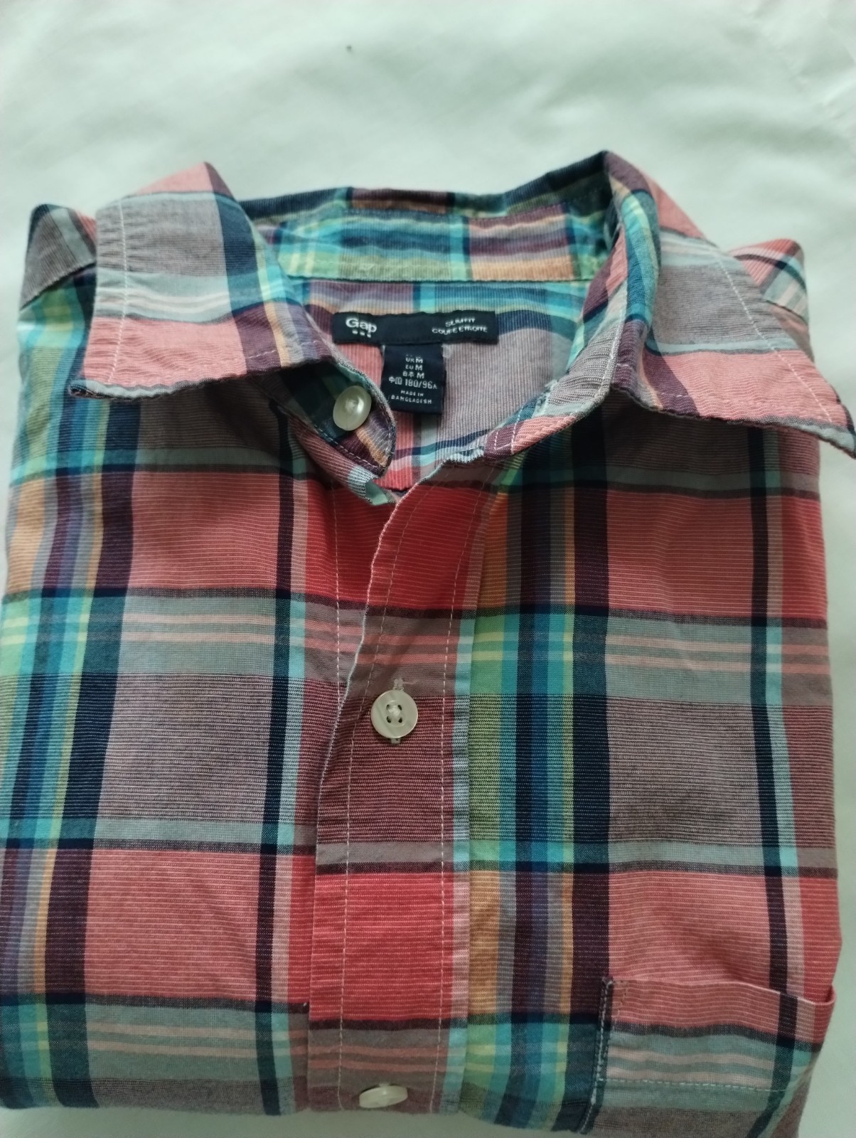 EUC MEN GAP MULTI COLOR PLAID SLIM-FIT BUTTON COTTON SHORT SLEEVE DRESS SHIRT M