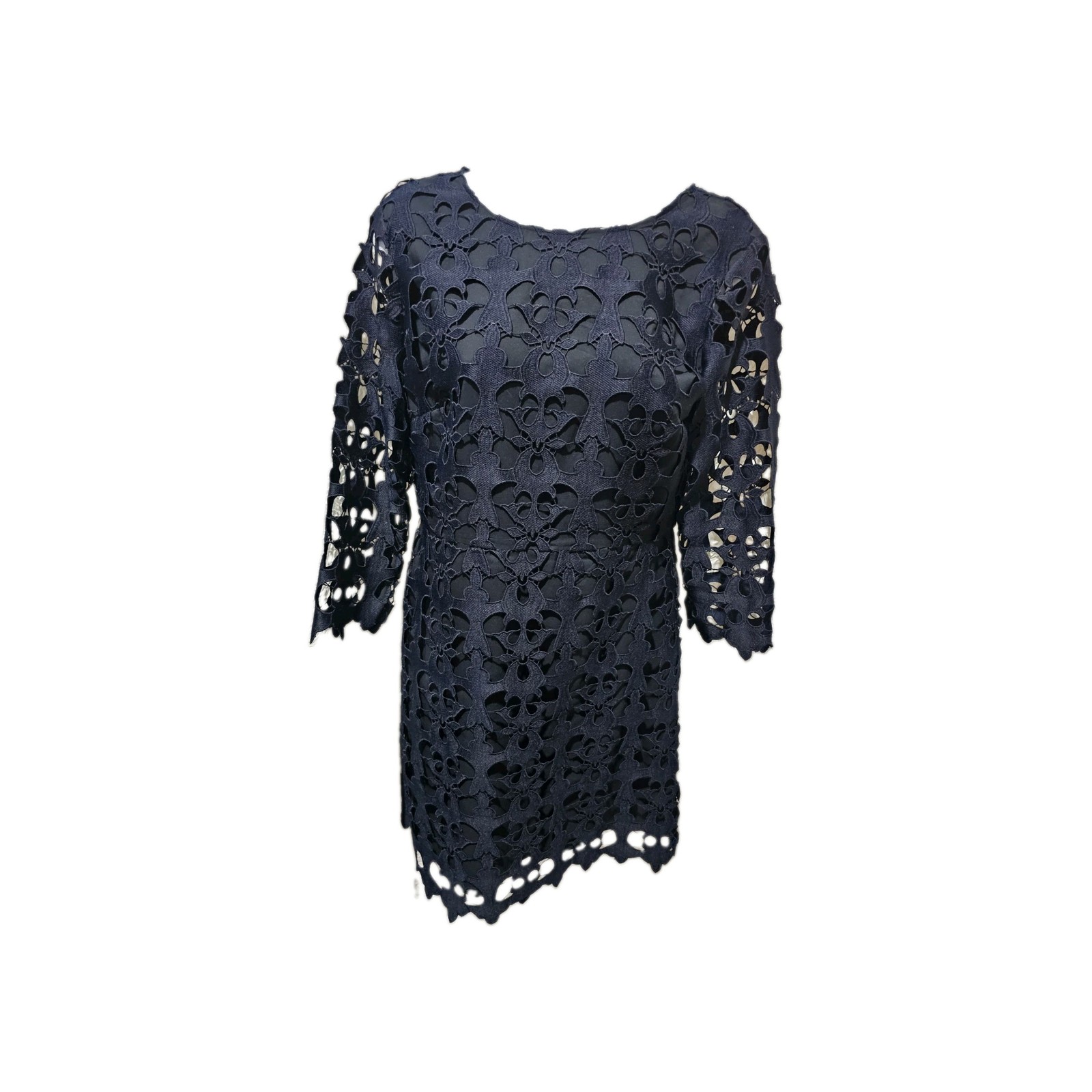 LOFT Navy Blue Damask Crochet Lace Sheath Dress Sz 4 3/4 Sleeve Wedding Guest
