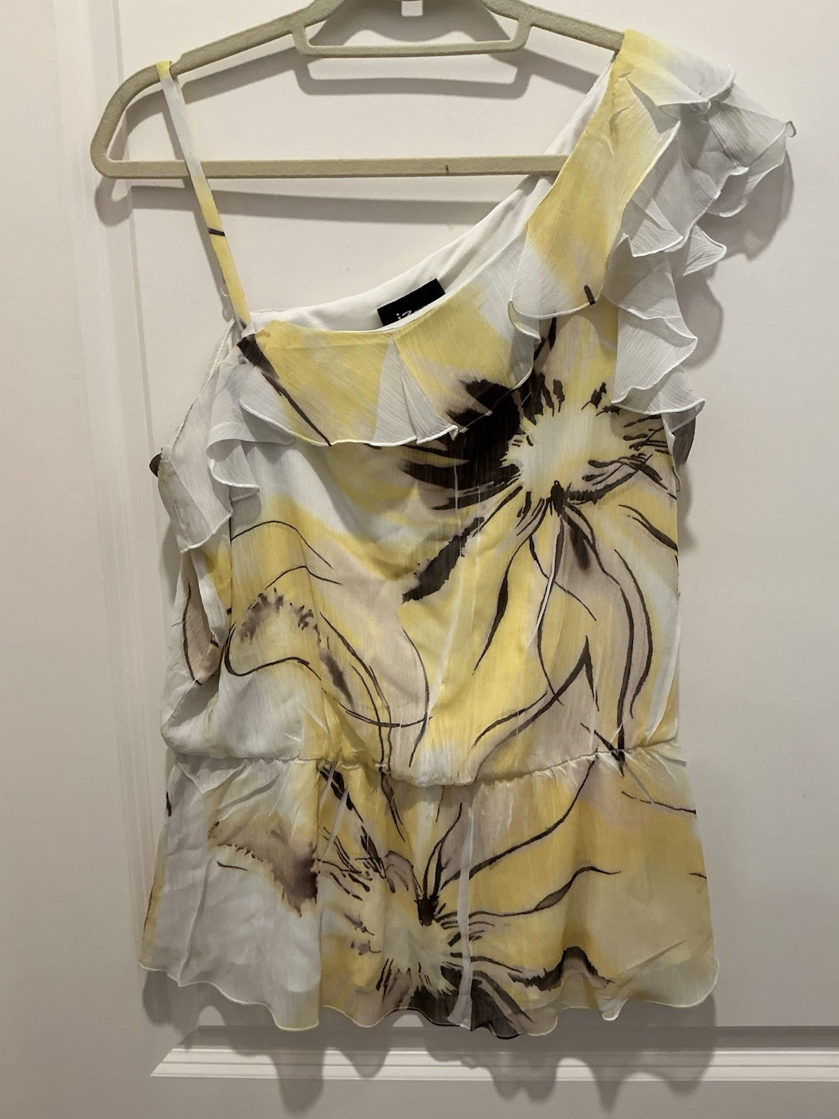 IZ Byer Blouse Large Women’s One Shoulder Other Adj Strap Yellow White Brown
