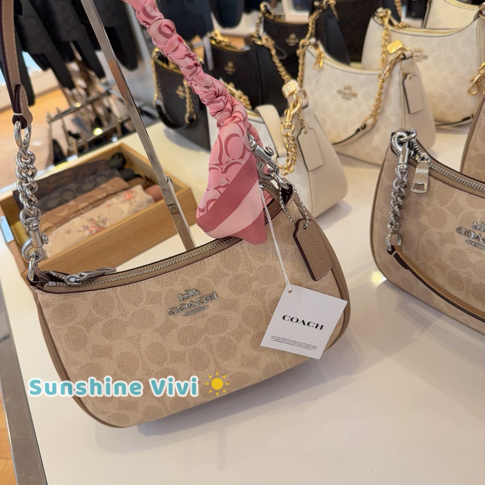 NWT bundle Coach Teri Shoulder Bag cv933 Sand & CCN71 Silk Skinny Scarf pink
