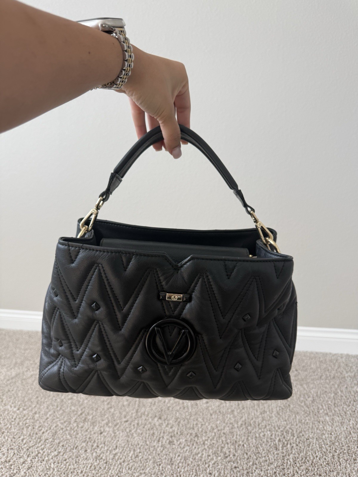 Valentino Black Quilted VLogo Medium Satchel Top Handle Detachable Strap Gold
