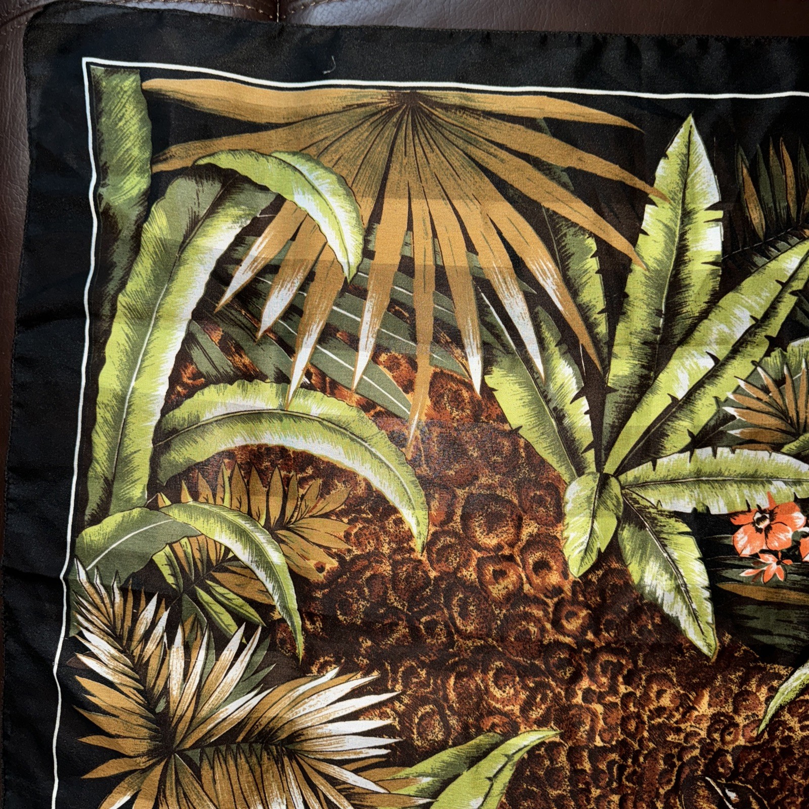 Fabulous Jungle Print Leopard Scarf 30.5” Square Ghost Stripe Hand Rolled Hem