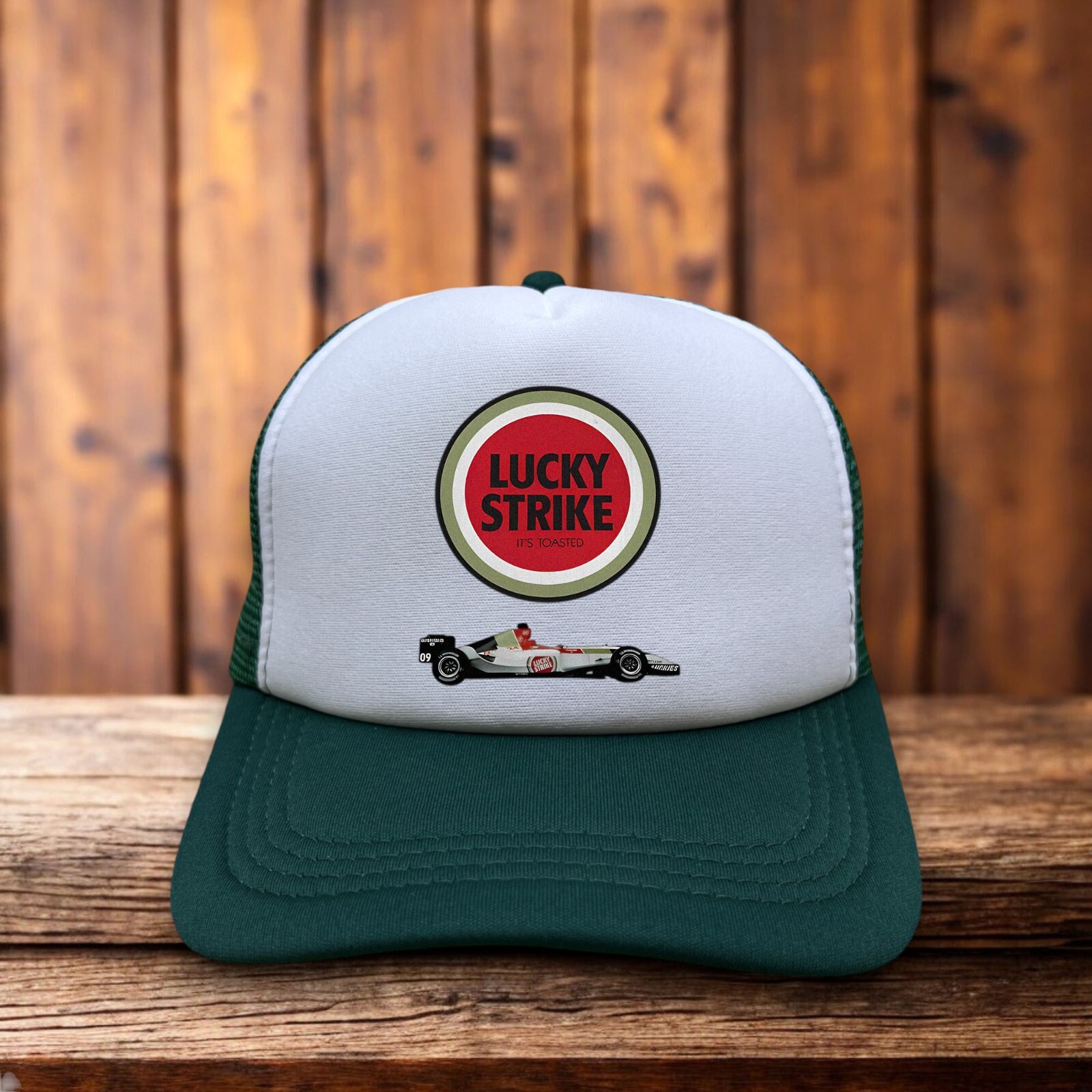 Lucky Strike Cigarette Racing Mens Trucker Hat Green Motorsport Vintage Logo Cap