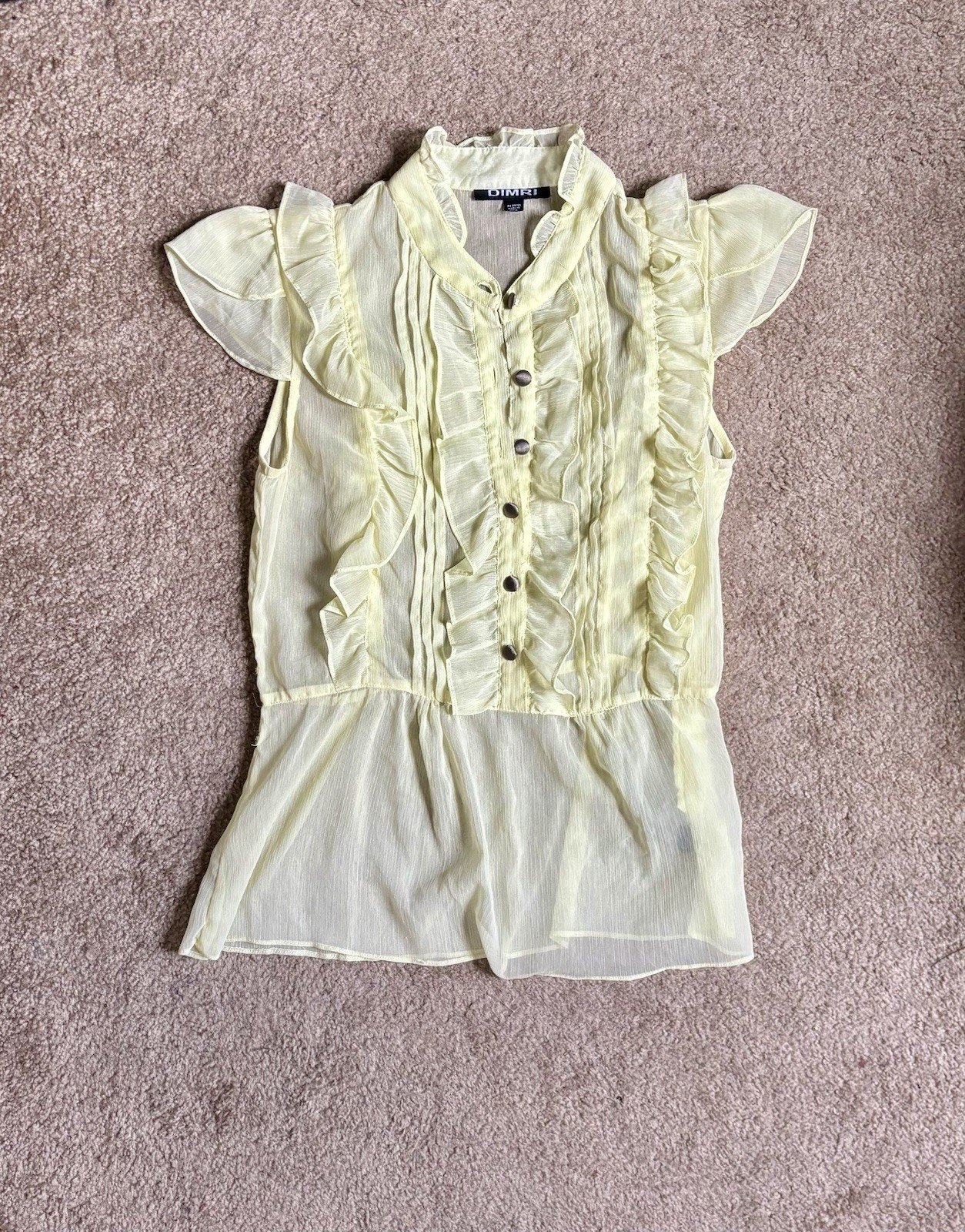 Dimri Sheer Ruffle Blouse Women’s Size M Yellow Button Front Romantic Chi