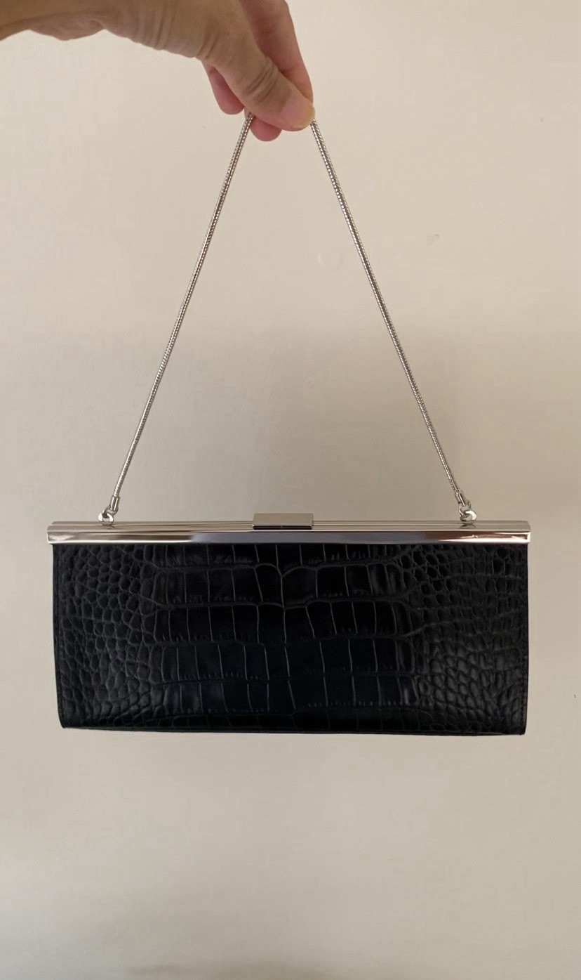 Ann Taylor Black Croc Embossed Clutch w/ Silver Chain Strap, Clasp, Pockets