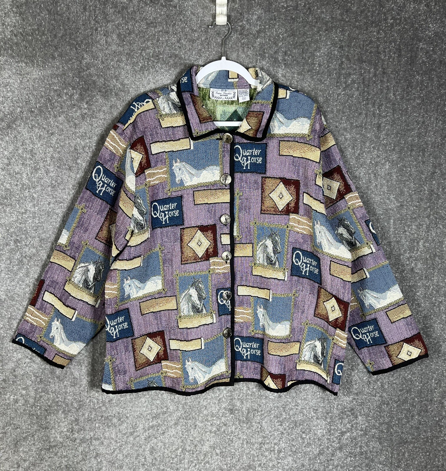 Sara Studio Tapestry QUARTER HORSE Equestrian Coat Womens Sz 3X Button Up Jacket