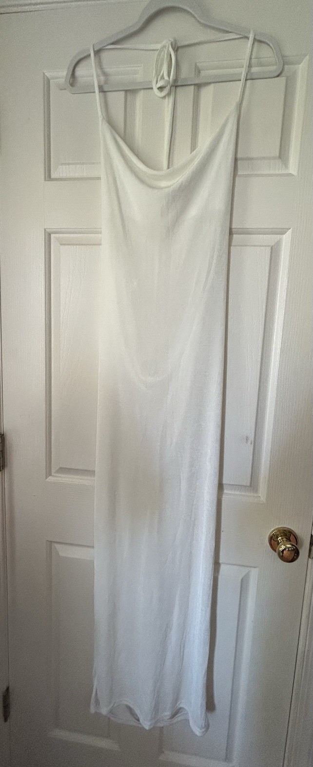 Sleeveless White Slip Dress Size L, Cowl neck, open back with straps, semi-sheer