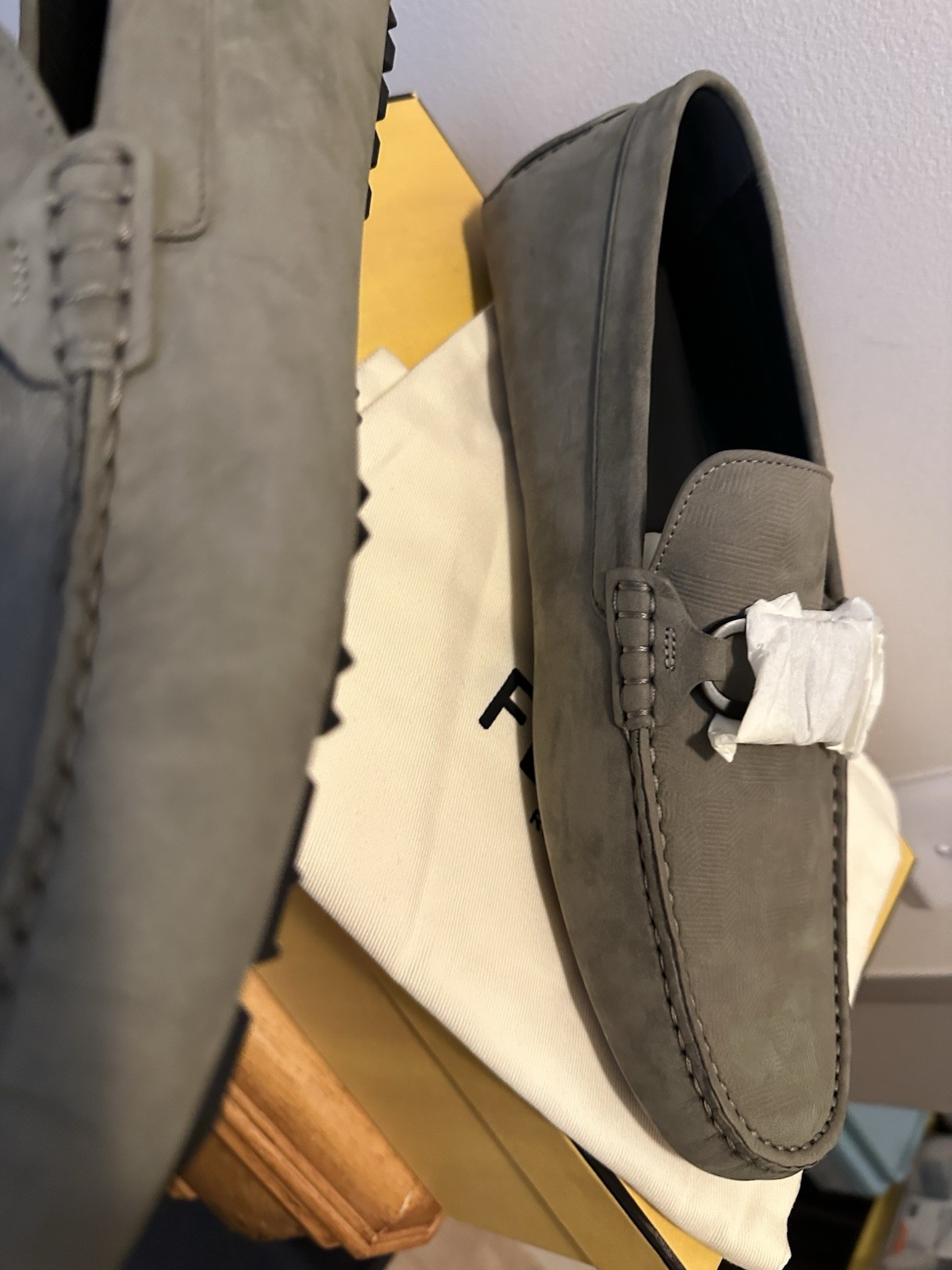 Fendi FF Logo O’Lock Suede Drivers Shoes QUARTZ 12 US/11 UK New $770