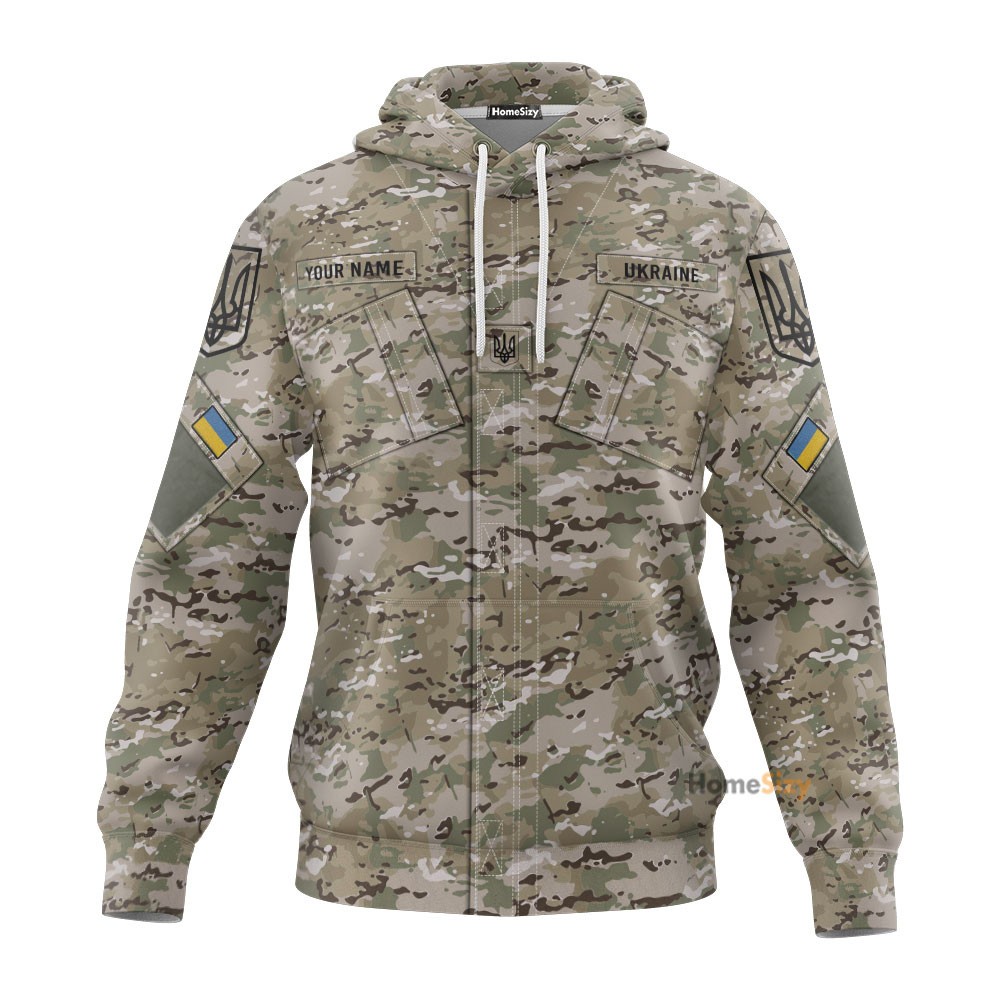 Personalized Custom Name Ukraine Camo Zip Up Hoodie Mens Proud Ukrainian Flag T
