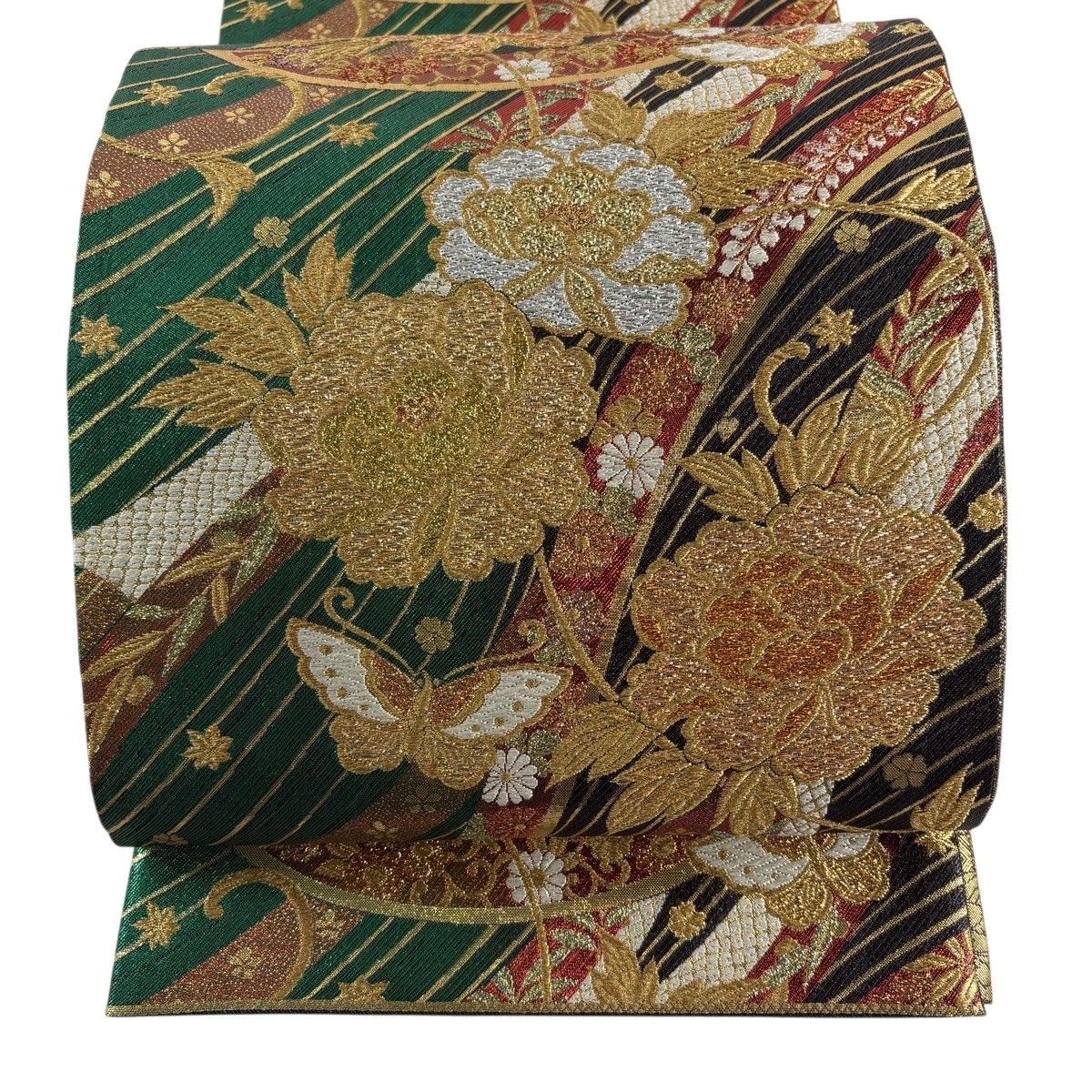 Fukuro Obi Flowers Butterfly Gold Silver Thread Foil Six Panel Green Silk 432cm