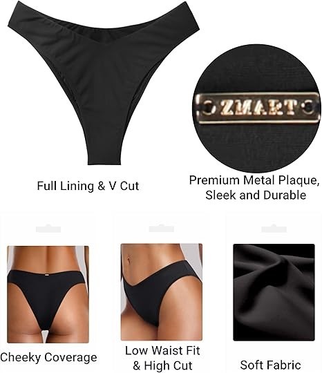 Zmart Women Cheeky Bikini Bottoms V Cut Swim Bottom High Cut Swimsuit Low Waist