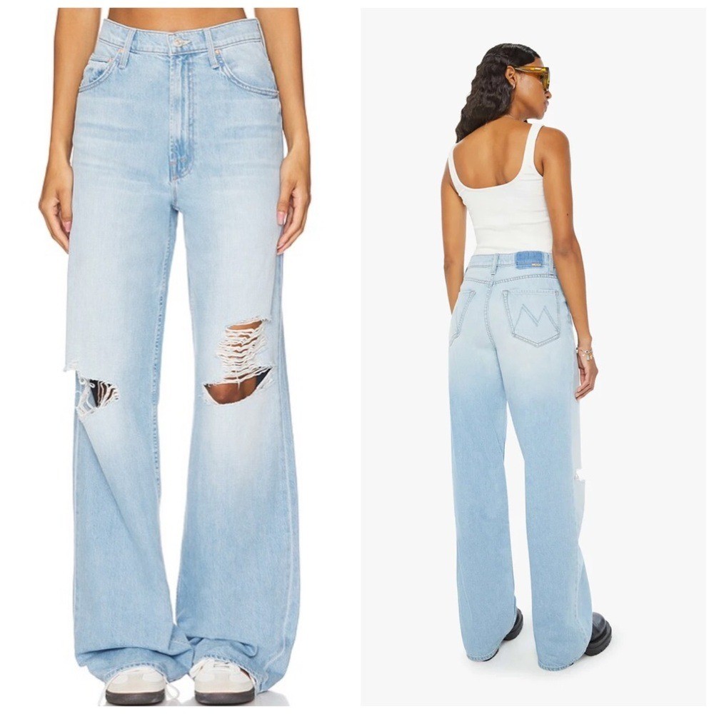 MOTHER High Waisted Spinner Zip Heel In Ripped Off Blue Loose Wide Leg Size 27