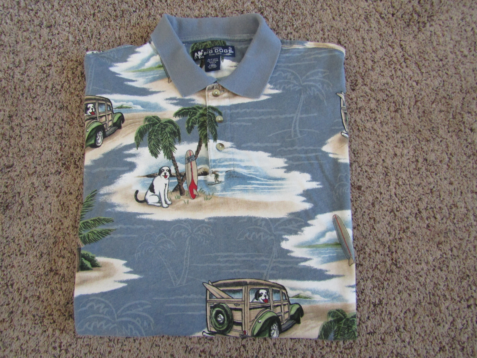 BIG DOG ALL OVER PRINT POLO SHIRT HAWAIIAN TROPICAL ISLAND WOODIE SURFER MENS L