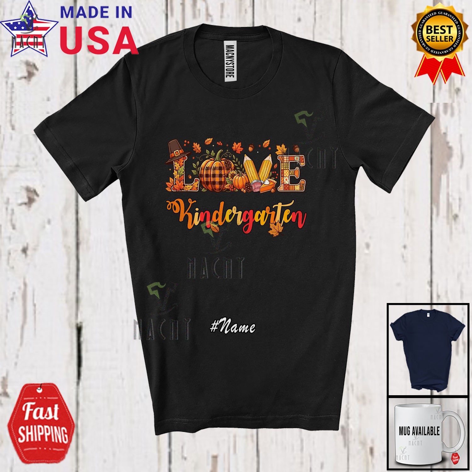 Custom Name LOVE Kindergarten; Thanksgiving Pumpkin Pencil Teacher Student Shirt