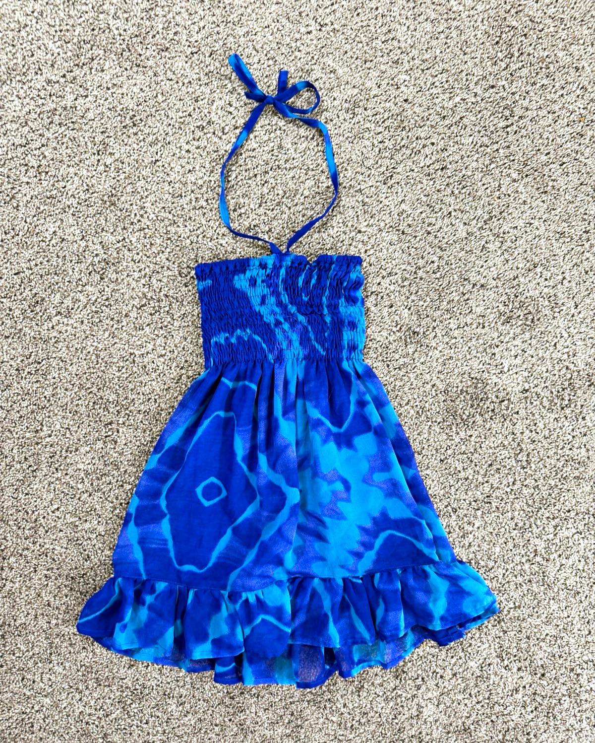 India Boutique Blue Teal Tie Dye Smocked Halter Mini Sundress Rayon Size S