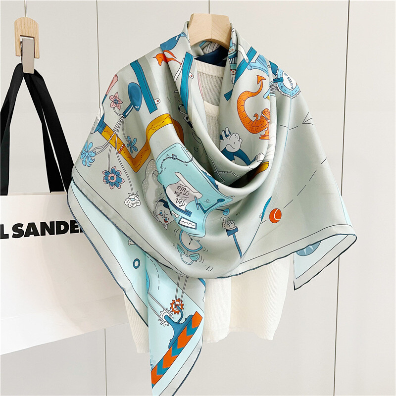 Teatime Print Pure Twill Silk Wrap Scarf Bandana Large Square Shawl Kerchief 53″