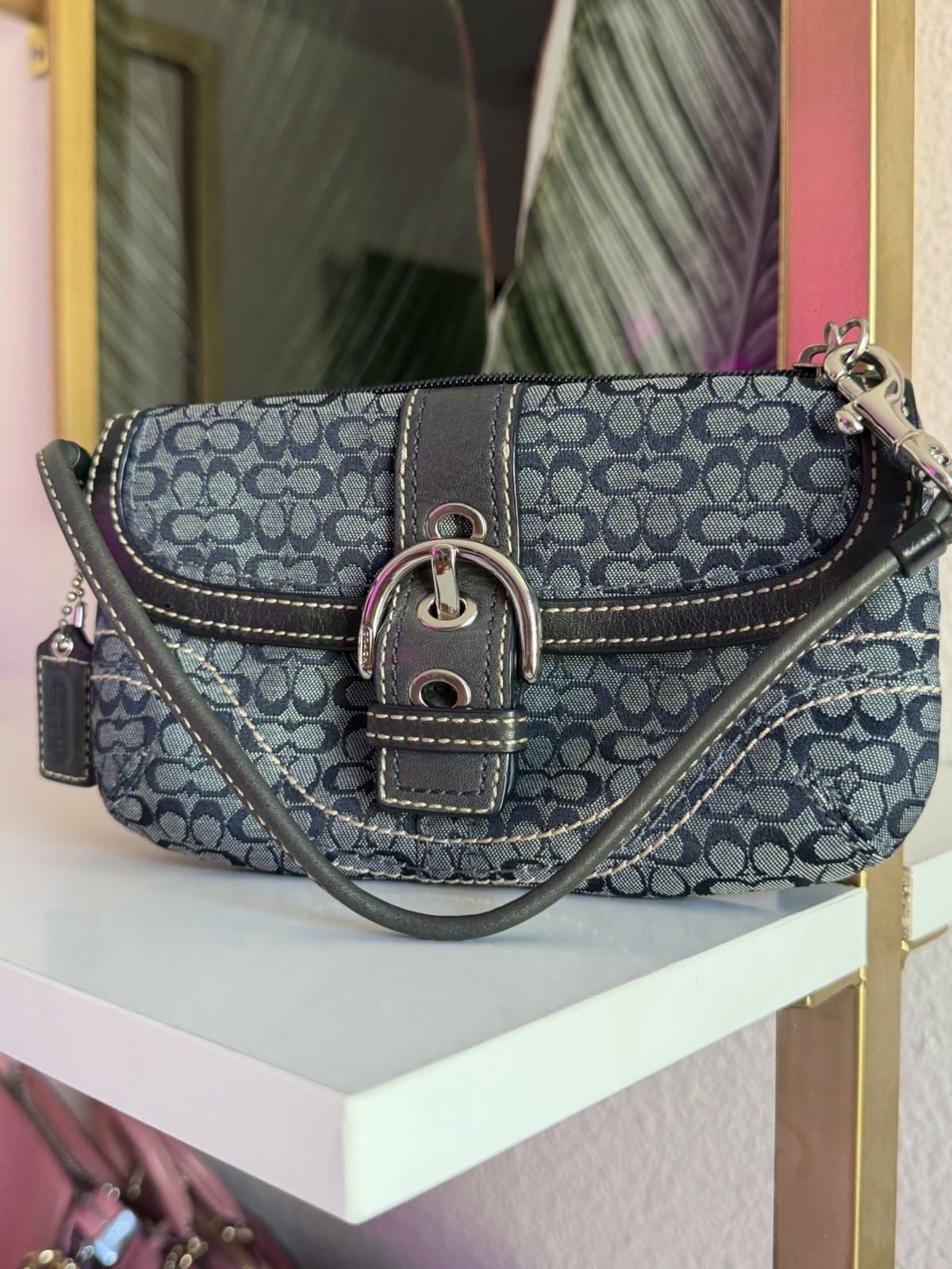 Vintage Coach Soho Signature C Buckle Wristlet Blue Jacquard Canvas Leather Trim