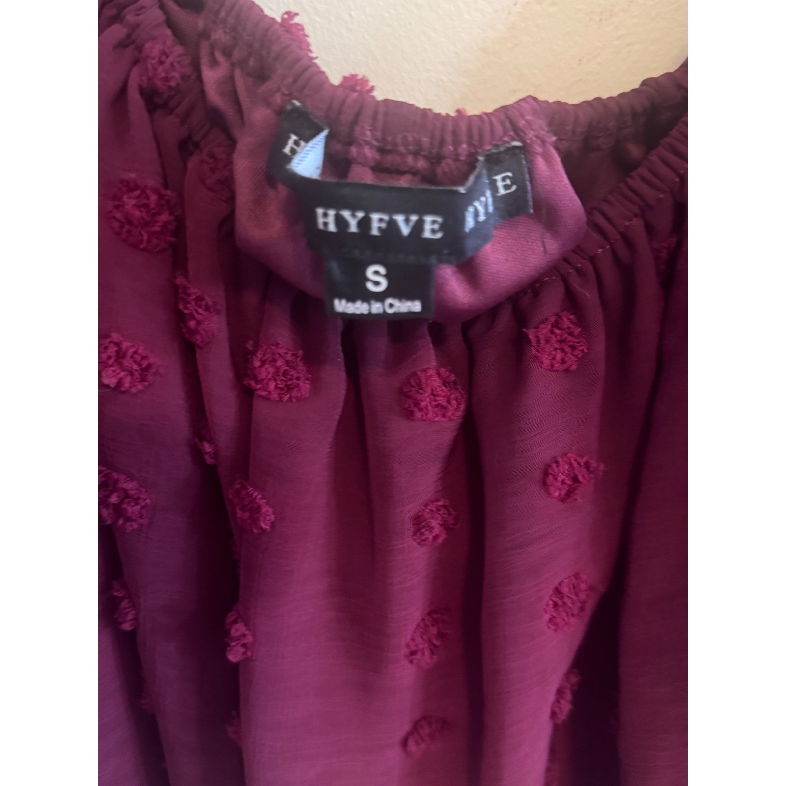 HYFVE Burgundy Swiss Dot Off Shoulder Blouse Long Puff Sleeve Crop Top Small