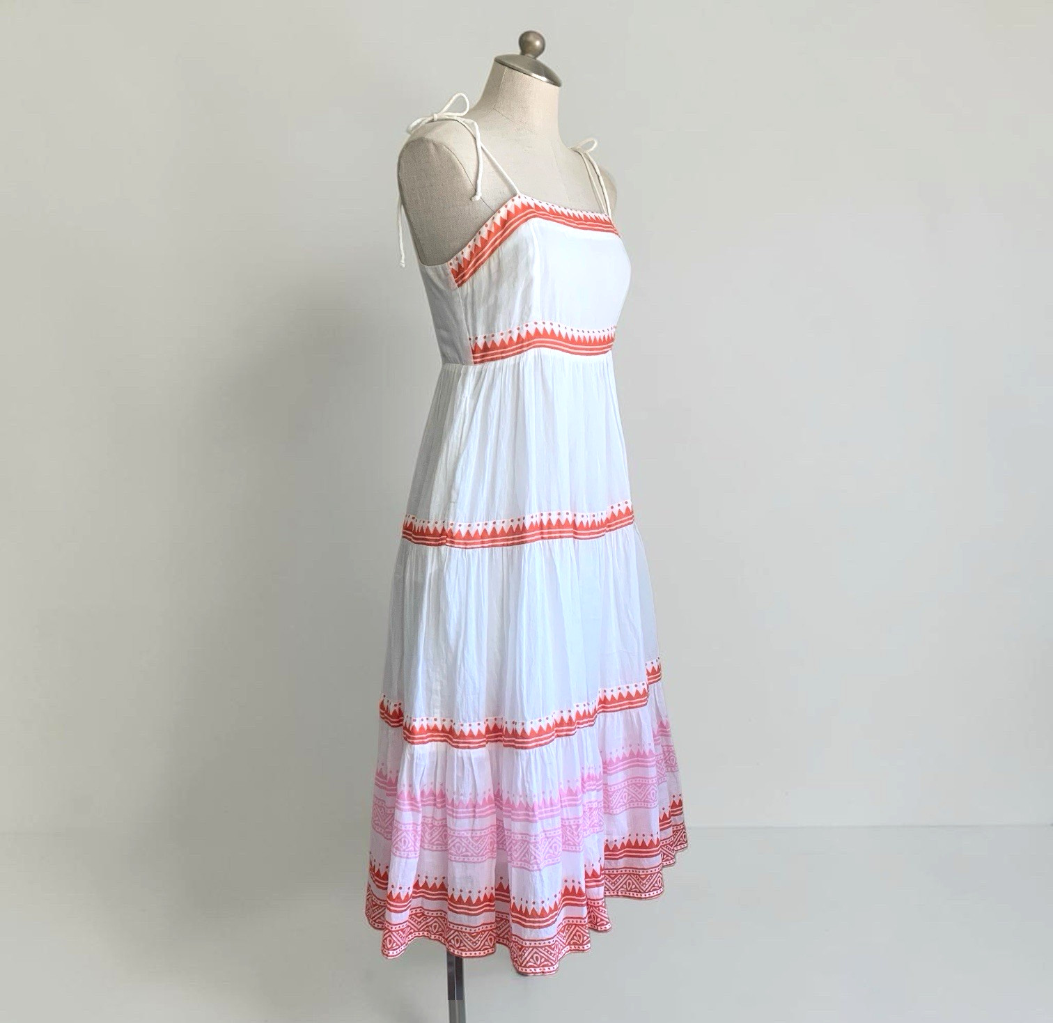 Oliphant Santorini Red Smocked Maxi Dress Size S White Tiered Sleeveless