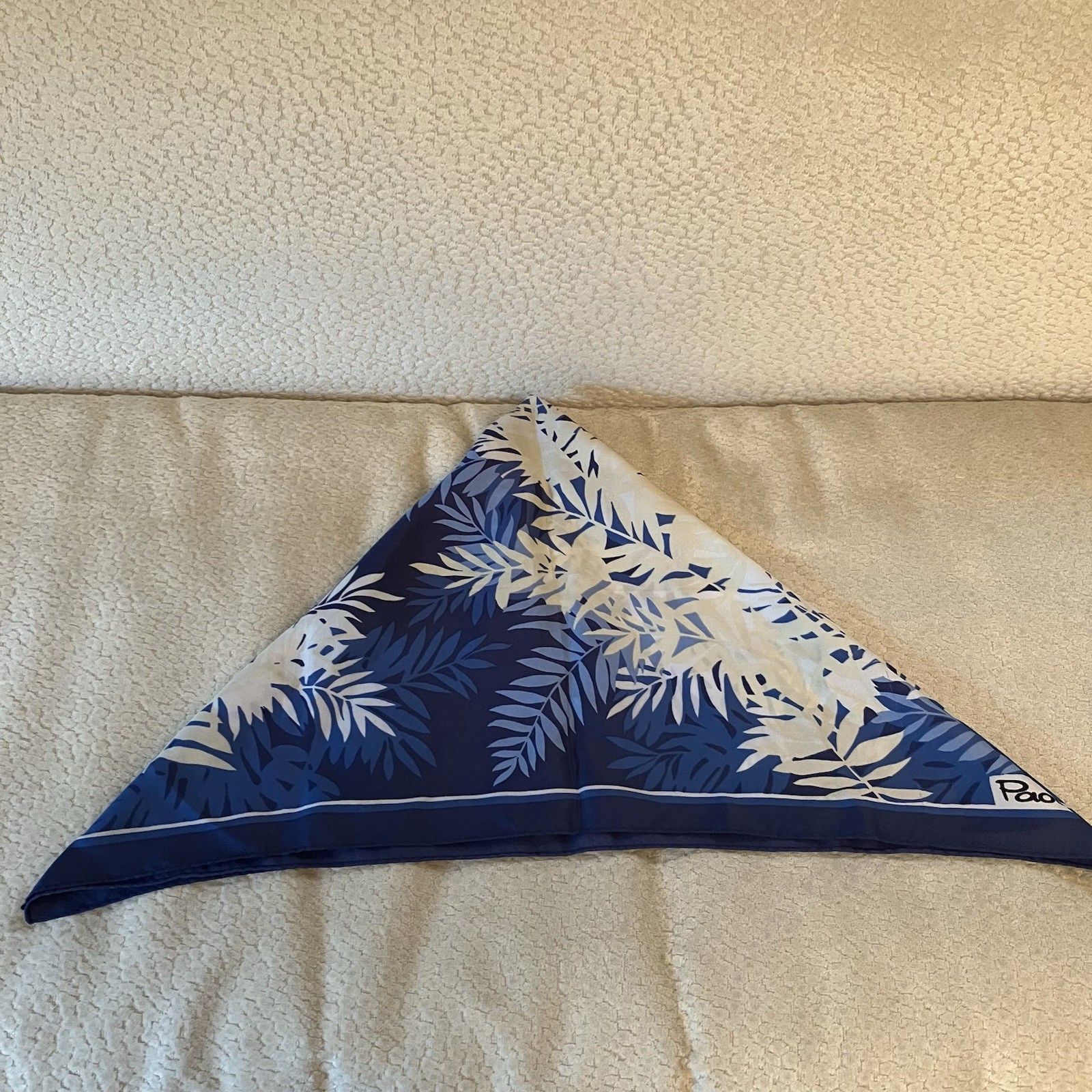 VTG Paoli Square Neck Scarf Blue White Yellow Fern Leaf Preppy Nautical 26.5in