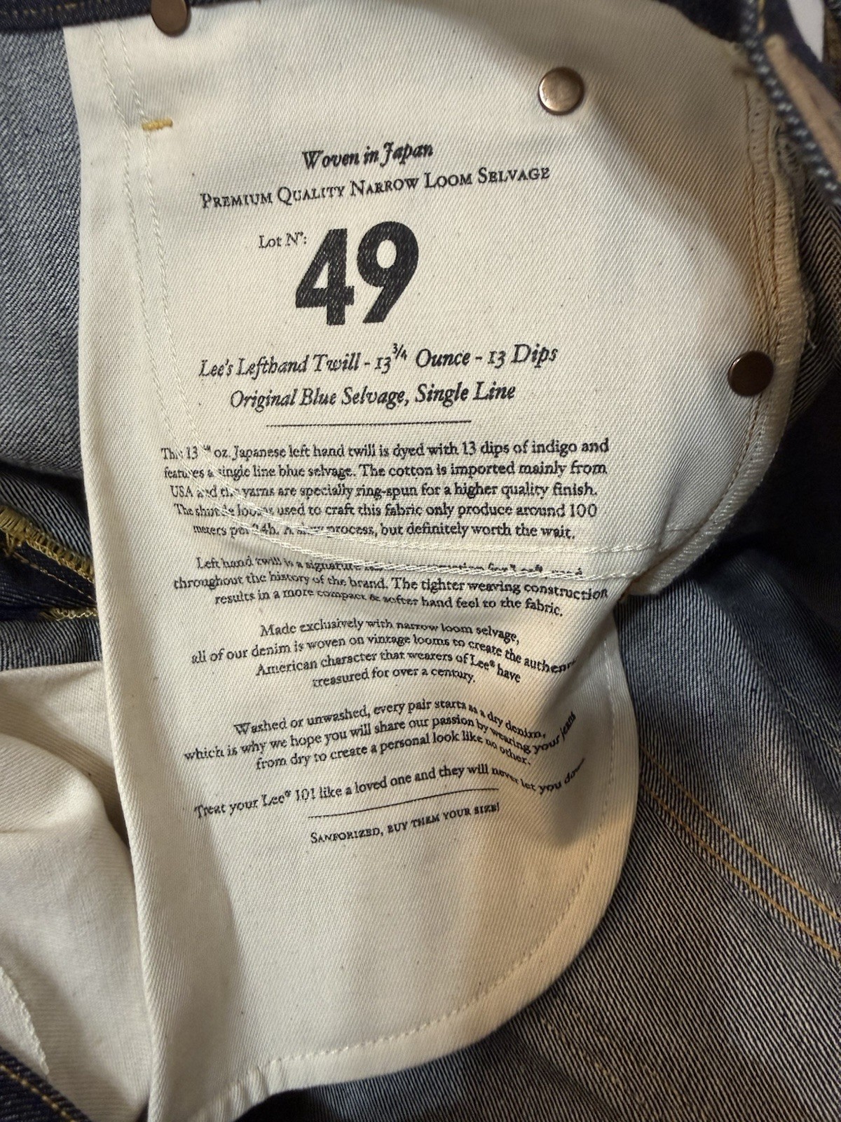 NWT Lee 101Z Premium Selvedge Denim Jeans – Raw Indigo Made with Japanese Denim