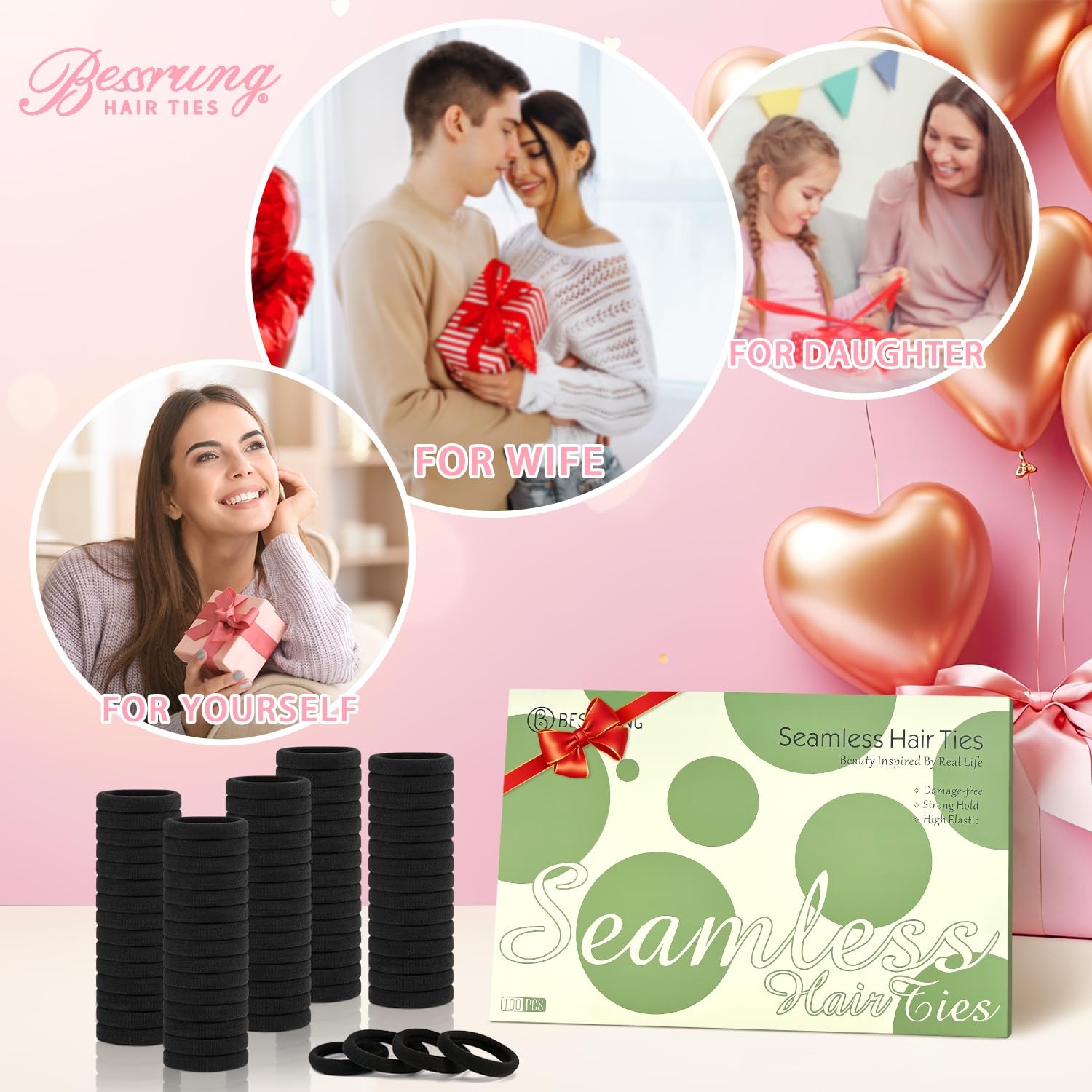100PCS Black Seamless Elastic Hair Ties No Damage for Women Girls