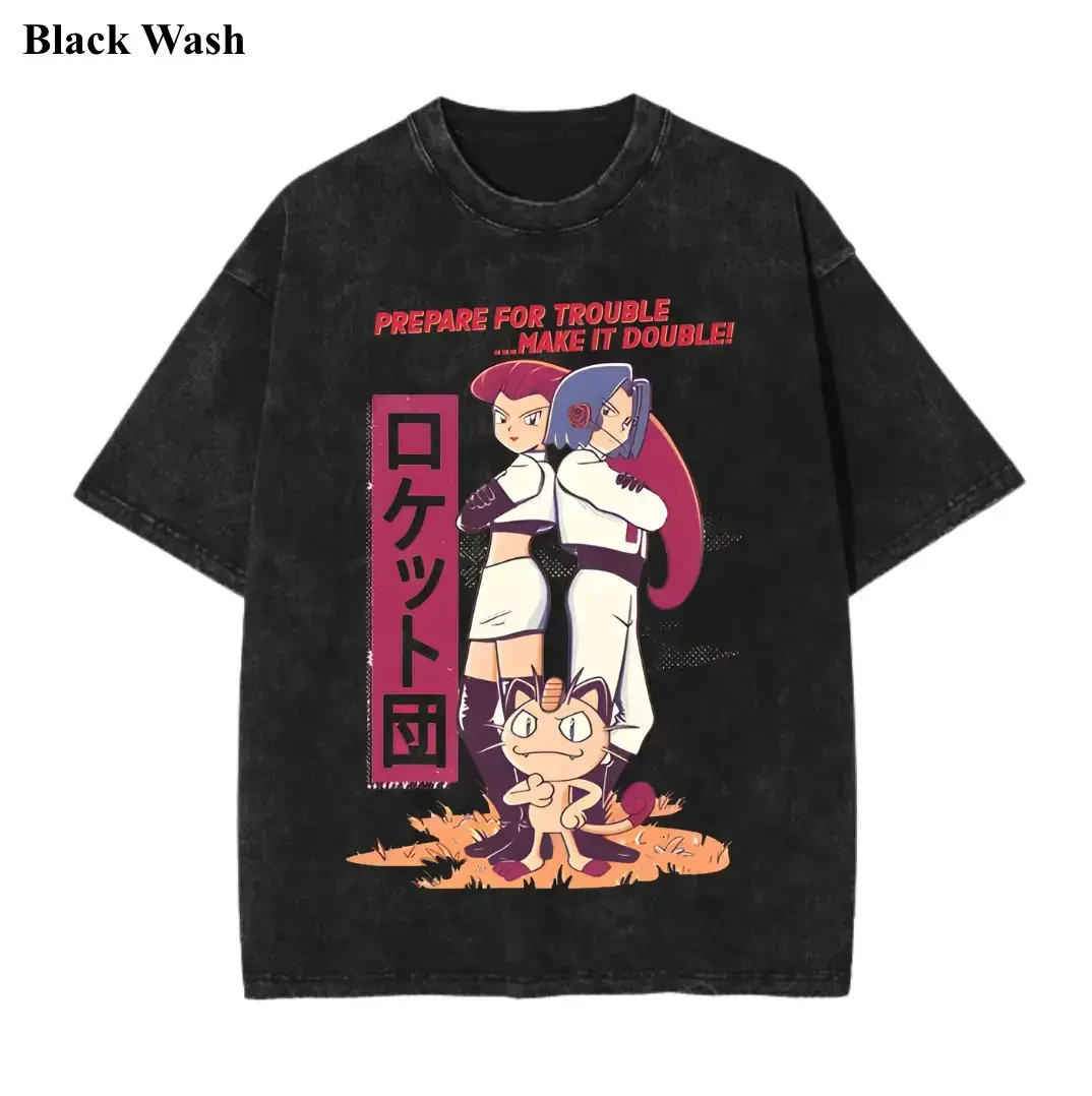 Vintage Black Wash Team Rocket Graphic Tee | Y2K Retro Anime Streetwear Oversize