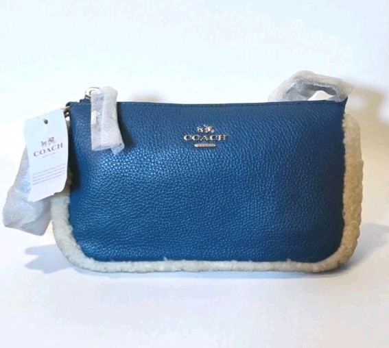 Coach Nolita 19 Shearling Blue Pebble Leather Wristlet Chain Bag NWT