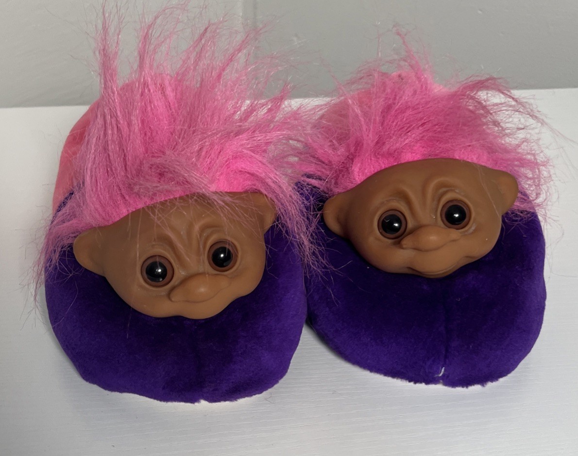 Norfin Troll Slippers Size M 7-8 Pink Hair Purple Plush 90s Novelty Collectible