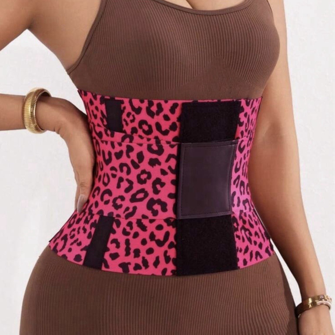 Women’s Pink/Black Leopard Animal Print Waist Trainer Corset, Hook & Loop