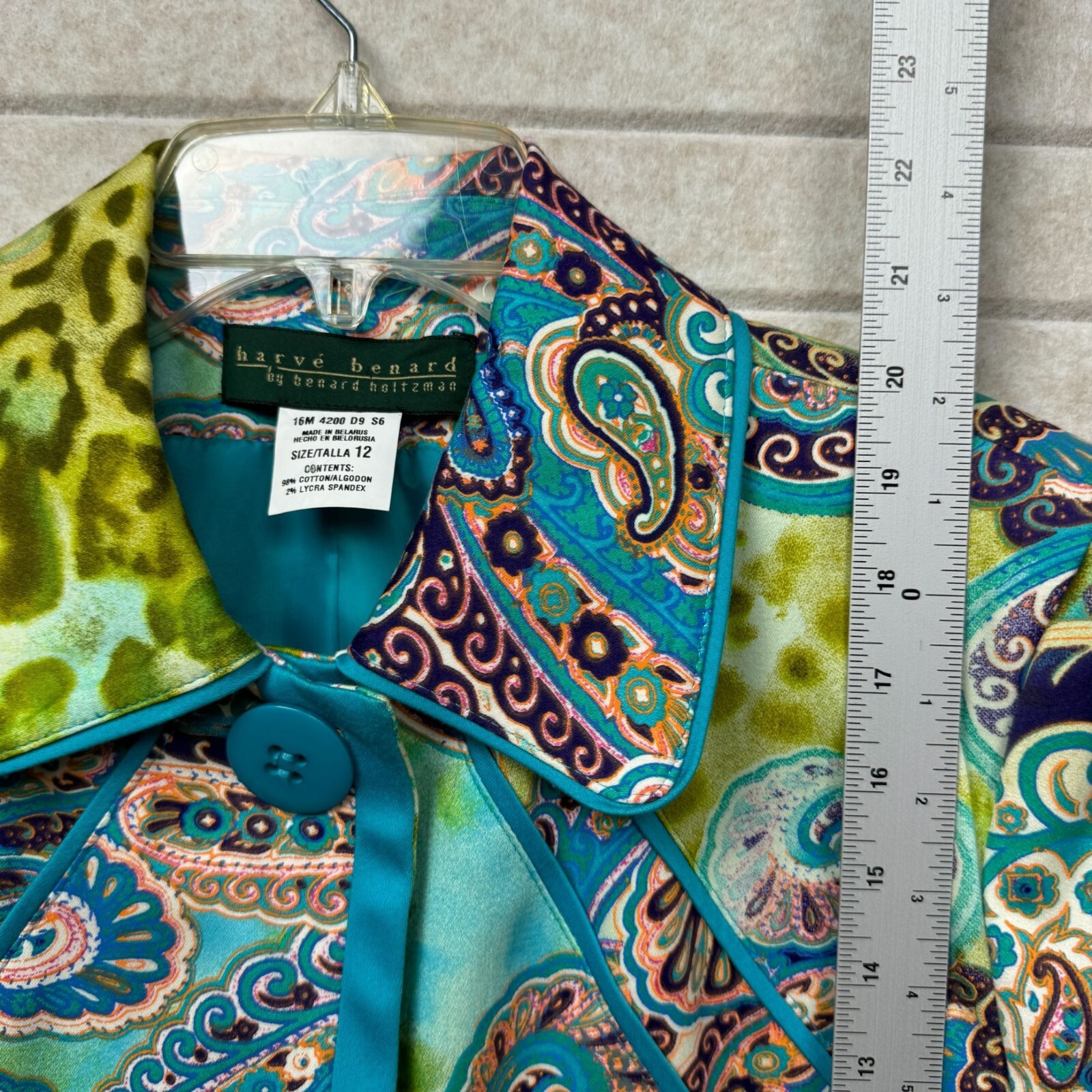 Harvé Benard Excellent Paisley Button Up Jacket Women’s Size 12 Turquoise Green