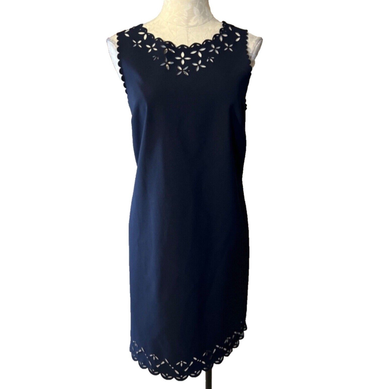 J Crew Factory Laser Cut Eyelet Scalloped Shift Dress Sz 14 Navy Wedding Guest