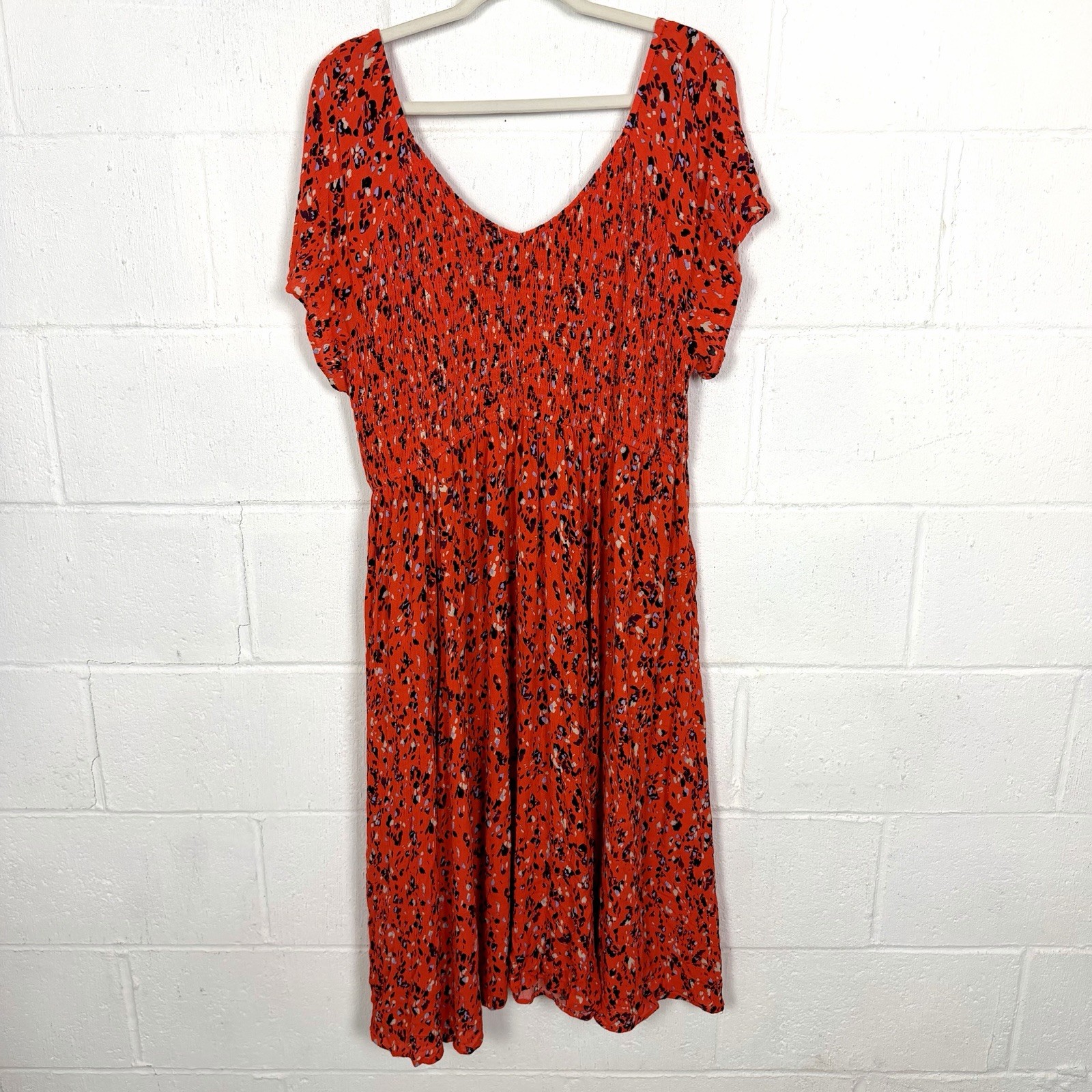 Torrid Midi Dress Plus Size 3X Orange Animal Print Smocked Gauzy Maximalist Fun