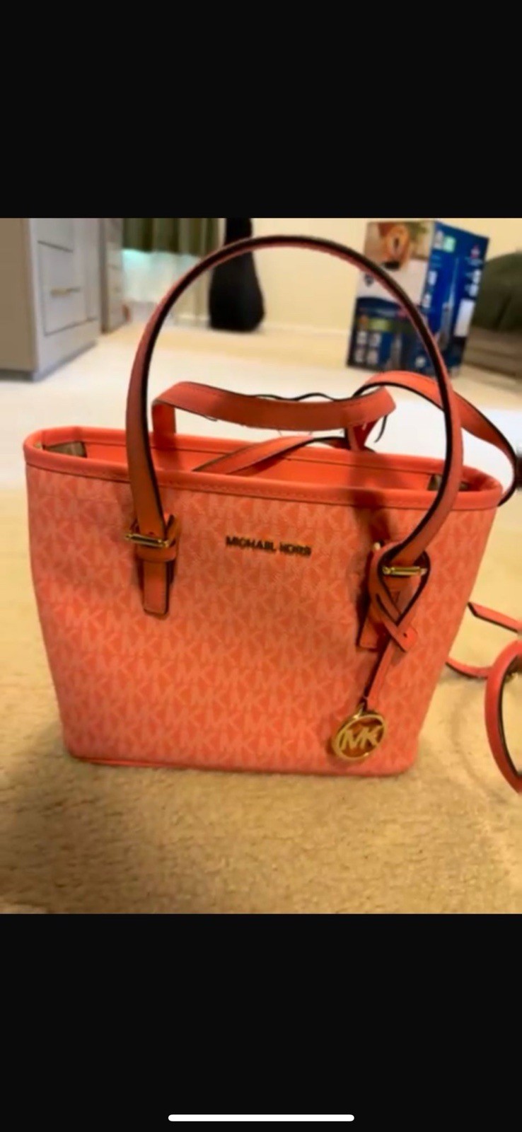 Michael Kors Pink Monogram Tote w/ Detachable Strap, Logo Charm, Gold HW