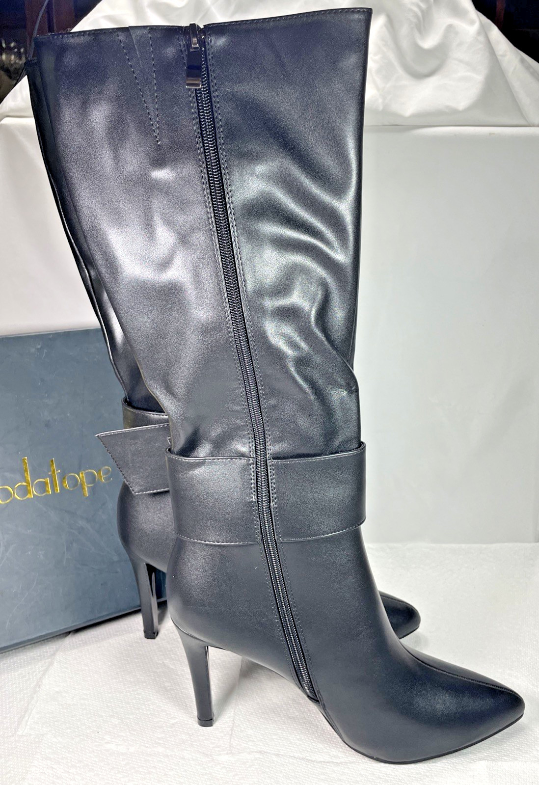 Modatope Knee High Boots Womens 9.5 Black Faux Leather Pointed Toe NEW