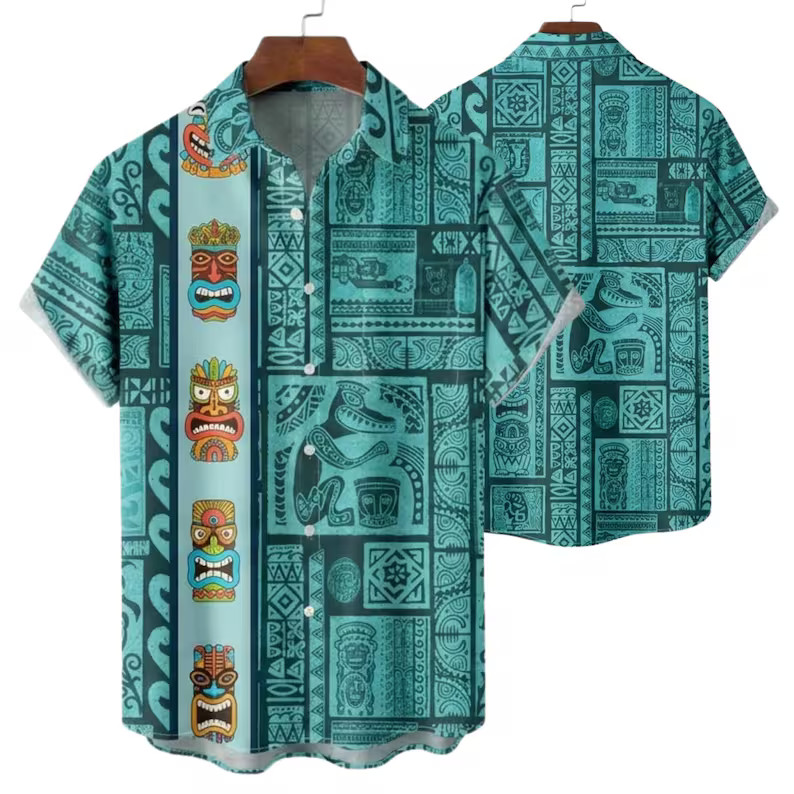 Turquoise Tiki Hawaiian Shirt, Polynesian Tribal Button Up, Retro Island Camp