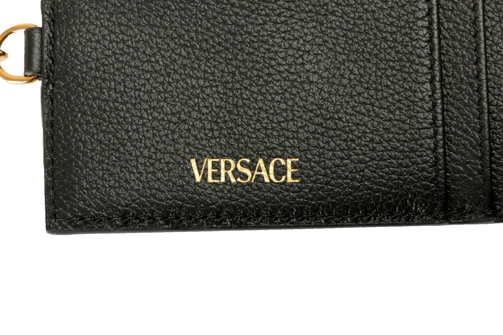 Versace Black 100% Textured Leather Gold Medusa Head Card Case Keychain