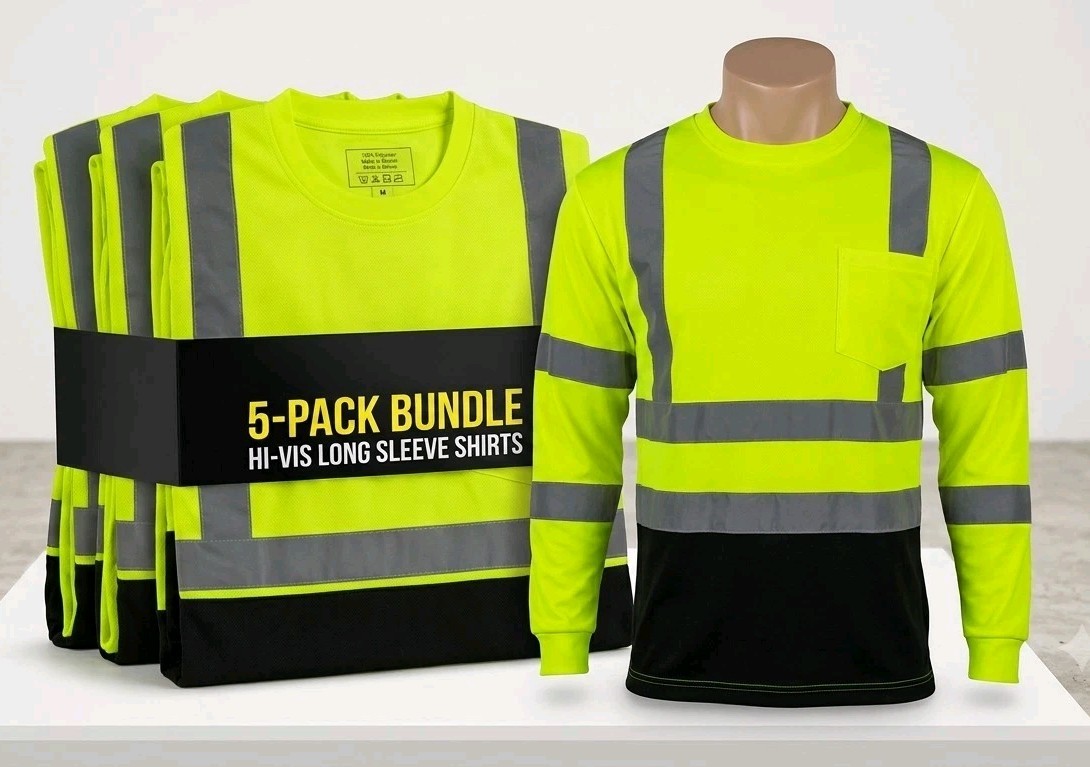 5PK Men’s X-Large Black/Yellow Long-Sleeve Safety Shirt with Reflective Tape