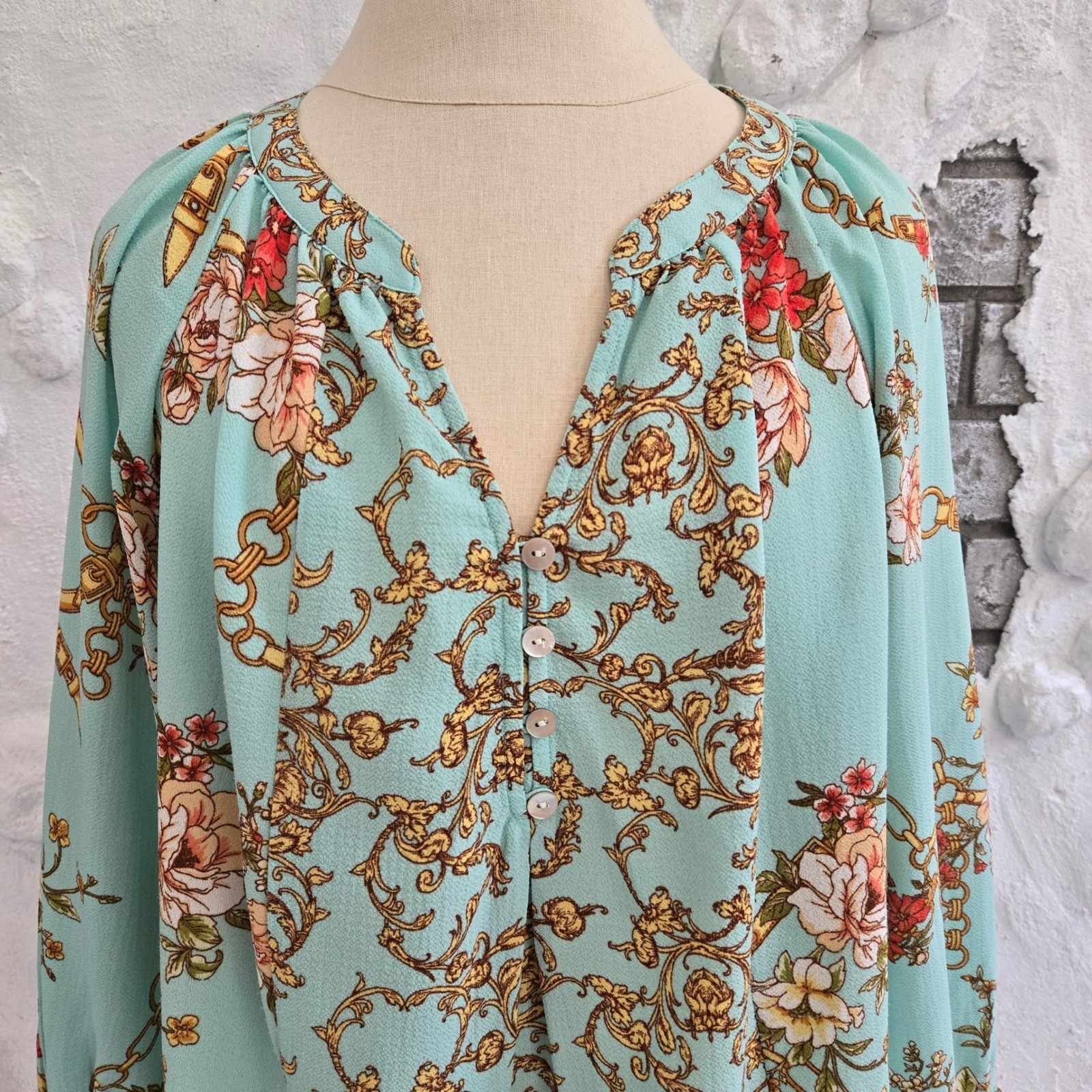 Fig and Flower Peasant Romantic Boho Floral Chain Baroque Tie Cuff Blouse Size M