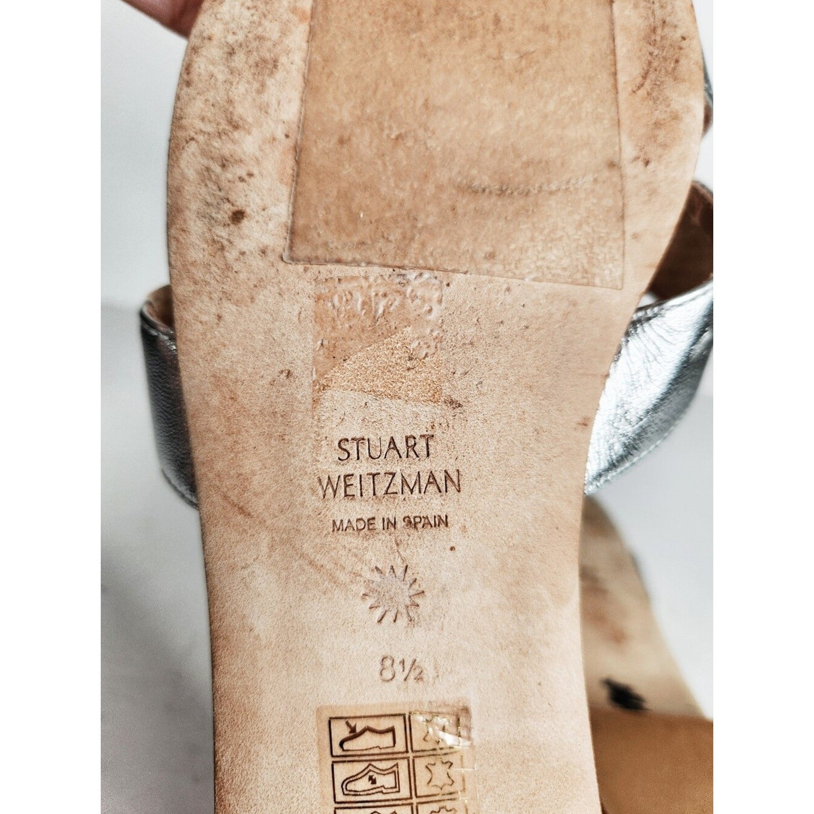 Stuart Weitzman Lunaria PYB Metallic Silver Nappa Leather Sandals Women Size 8.5