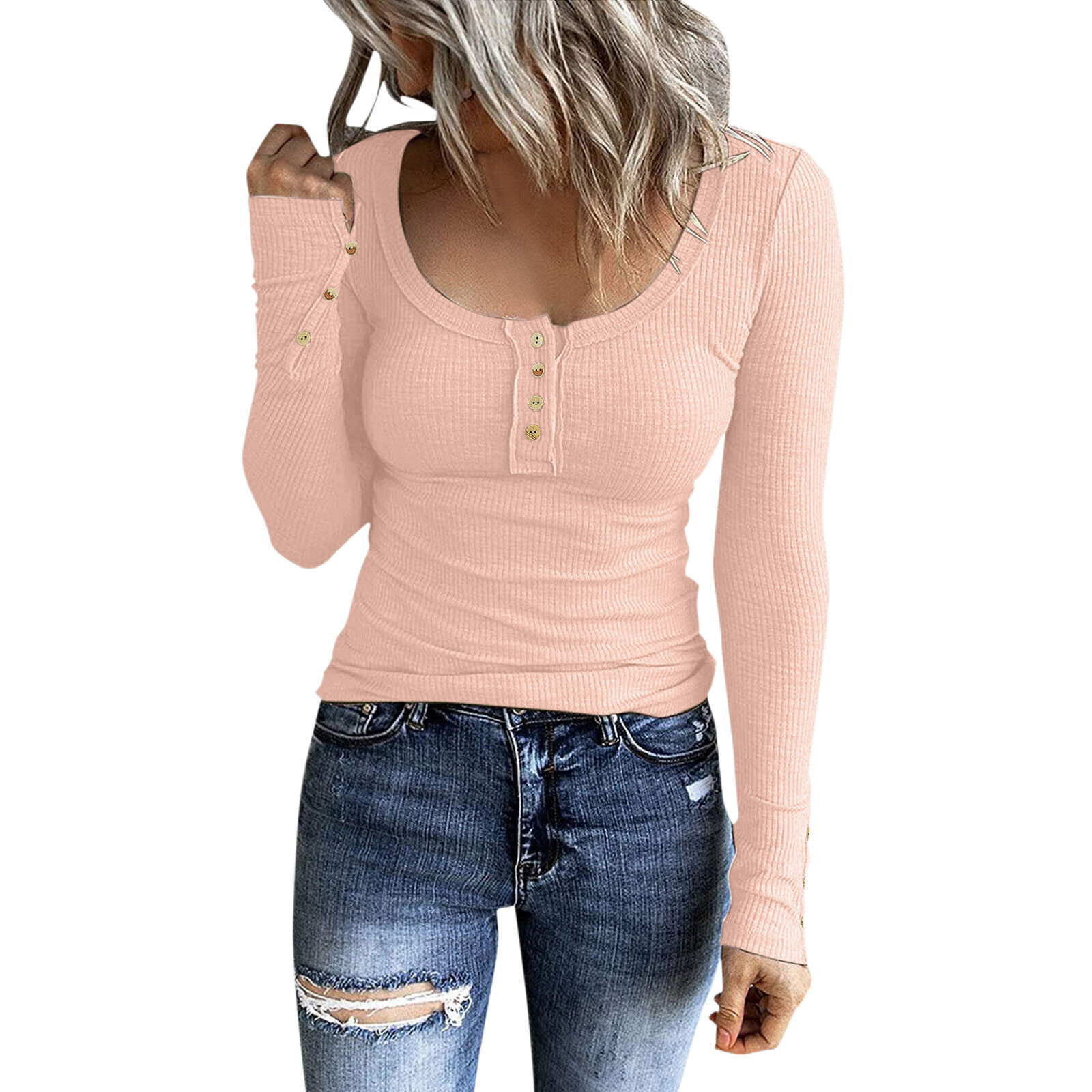 Lady Long Sleeve Henley T Shirt Button Slim Fit Top Scoop Neck Ribbed Knit Shirt