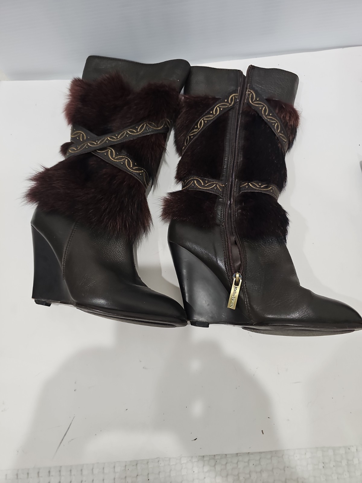 MALINO VICINI Leather & Fur Brown Boots Wedge EU 37 US 7