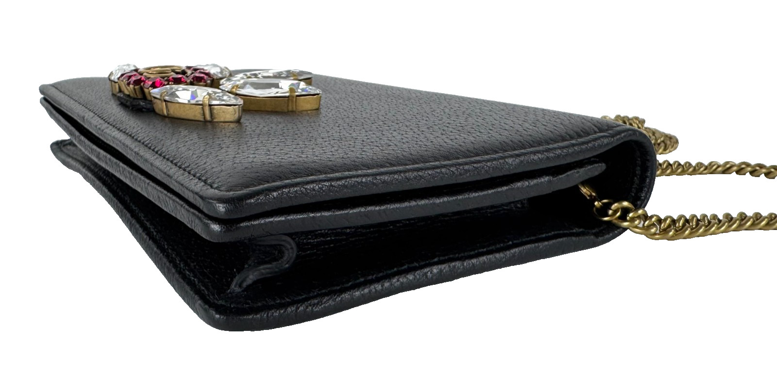 Gucci New Auth Black Leather Mini GG Marmont Crystal Wallet Chain Bag Dust Bag